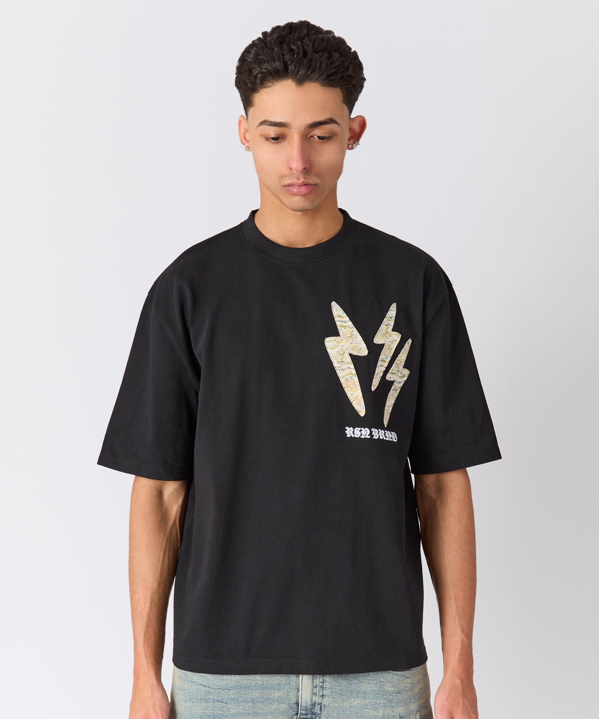 Lightning Bolt Applique Short Sleeve Tee - Black