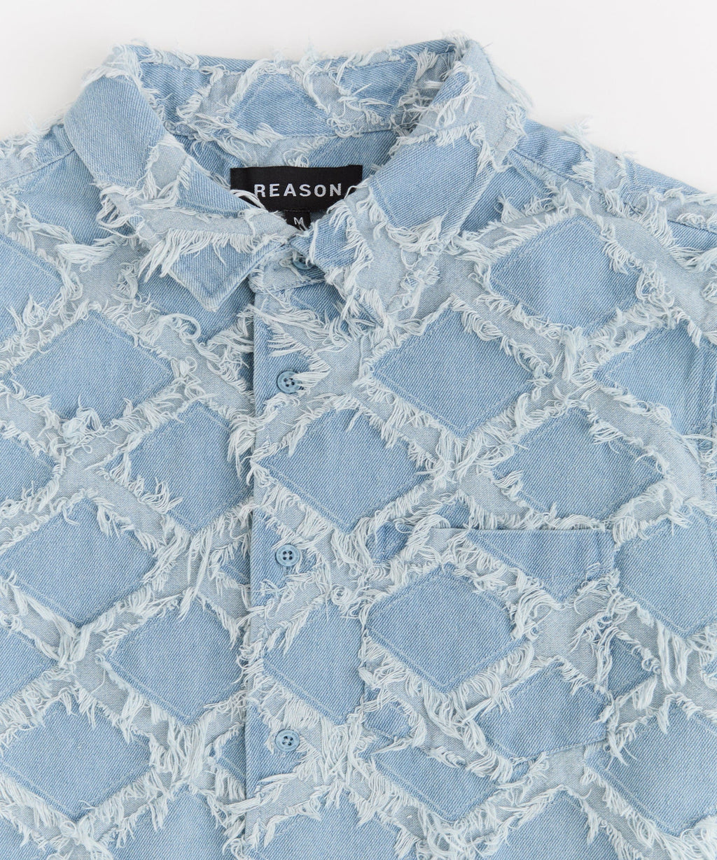 Frayed Textured Button Down Shirt - Blue