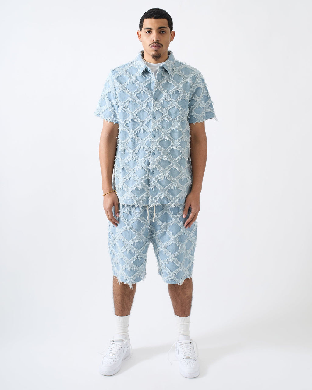 Frayed Textured Button Down Shirt - Blue