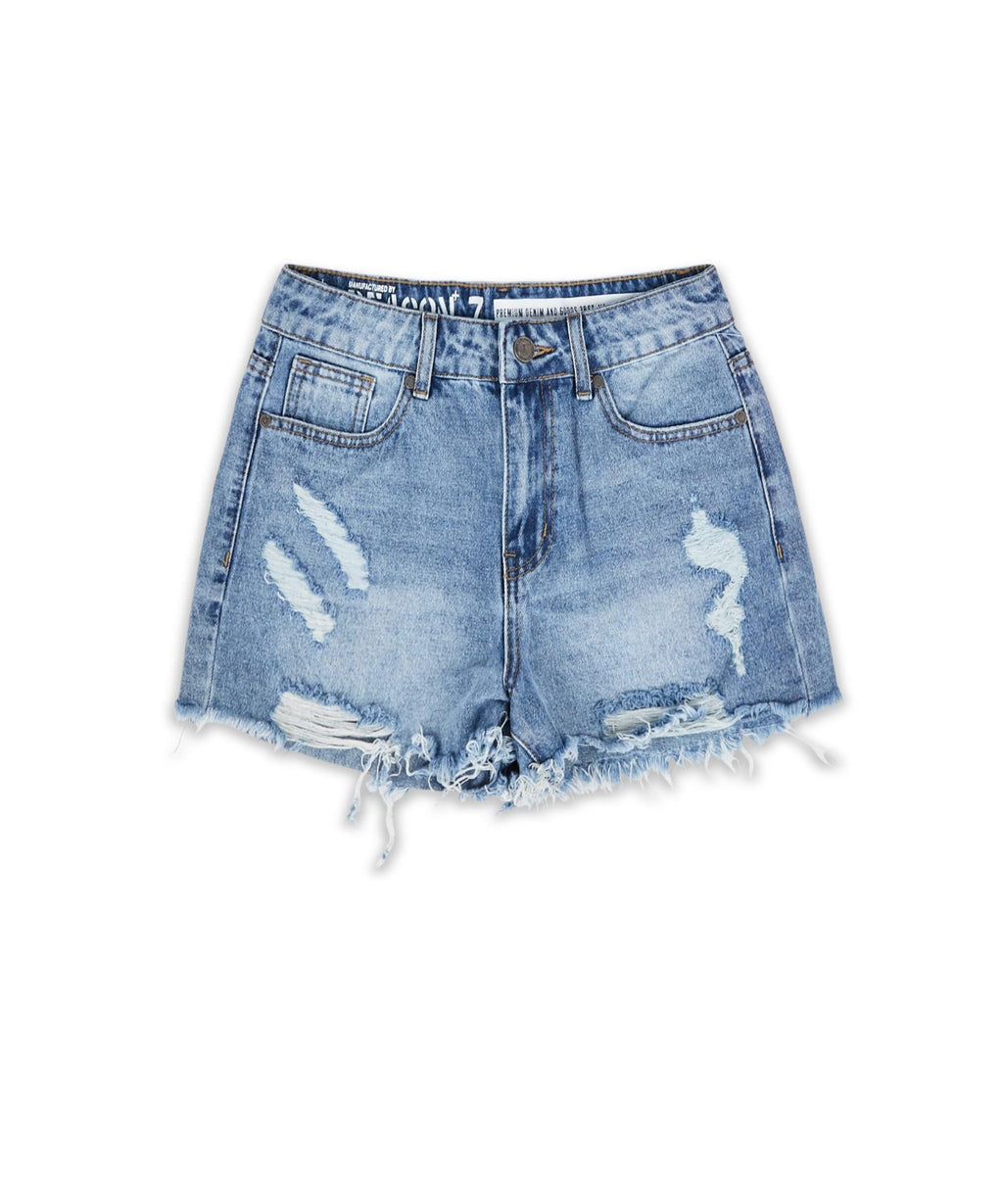 Madison Women's Distressed High-Waist Denim Shorts - Blue