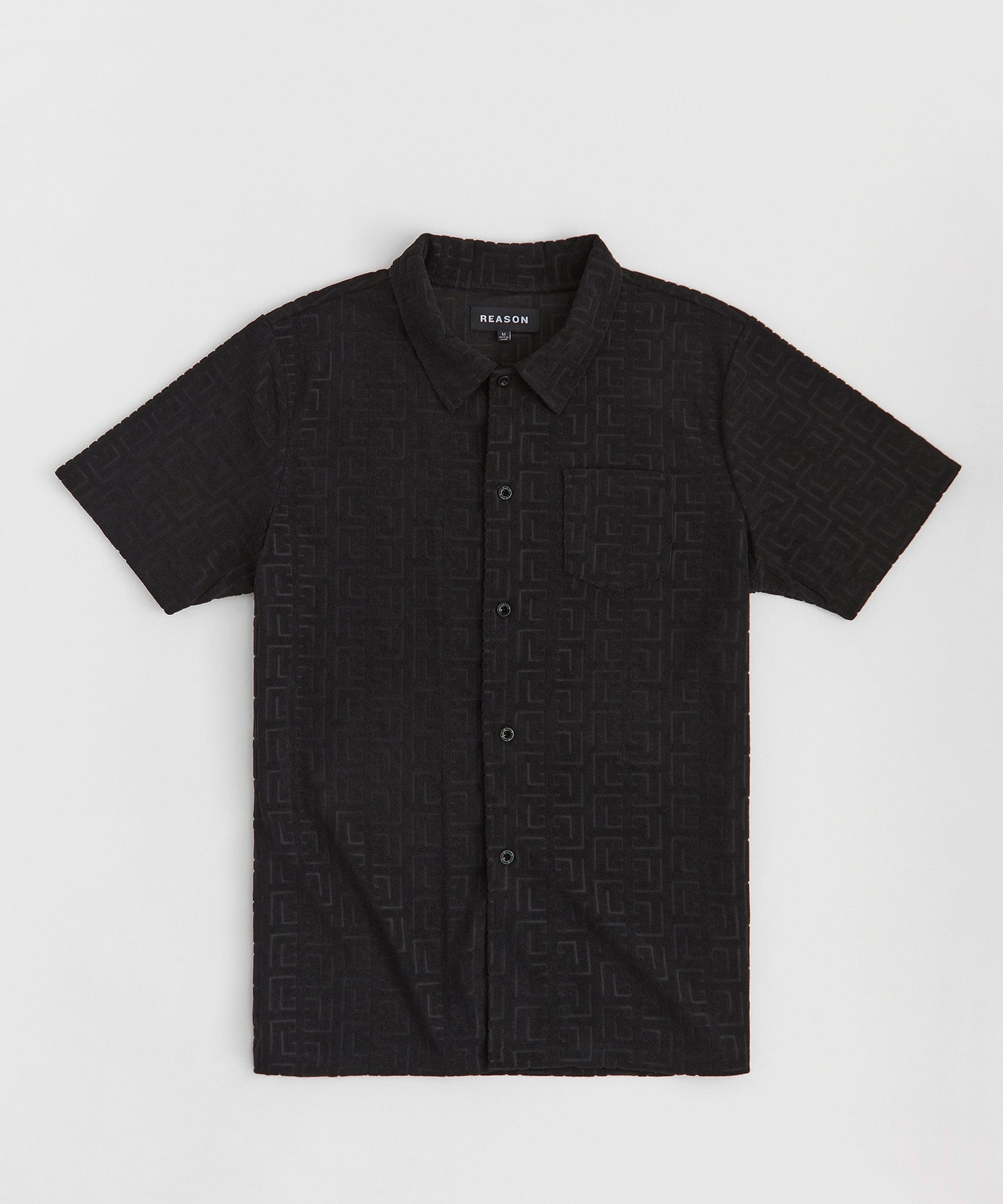 Geometric Viscose Button-Down Short Sleeve Shirt - Black
