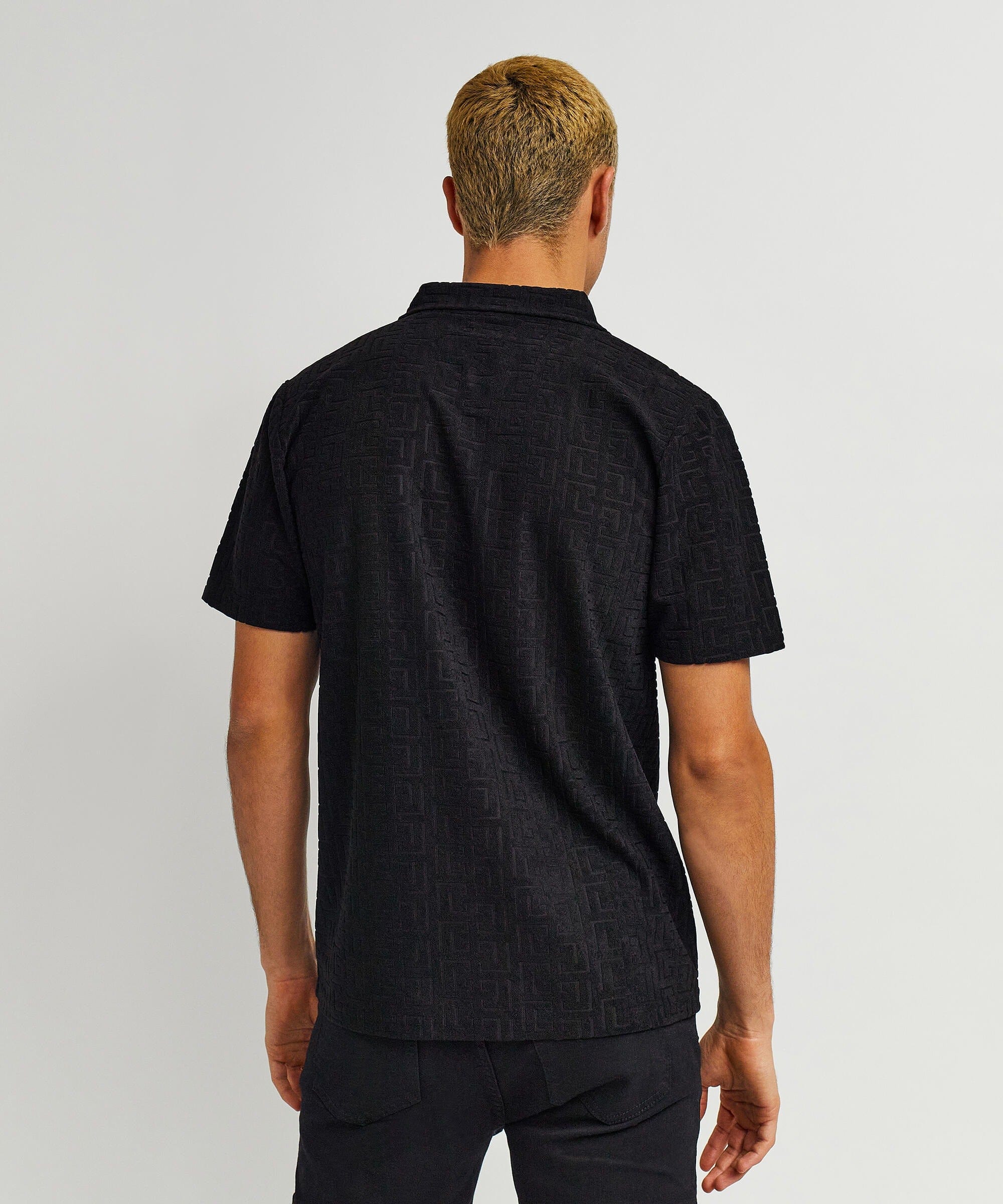 Geometric Viscose Button-Down Short Sleeve Shirt - Black