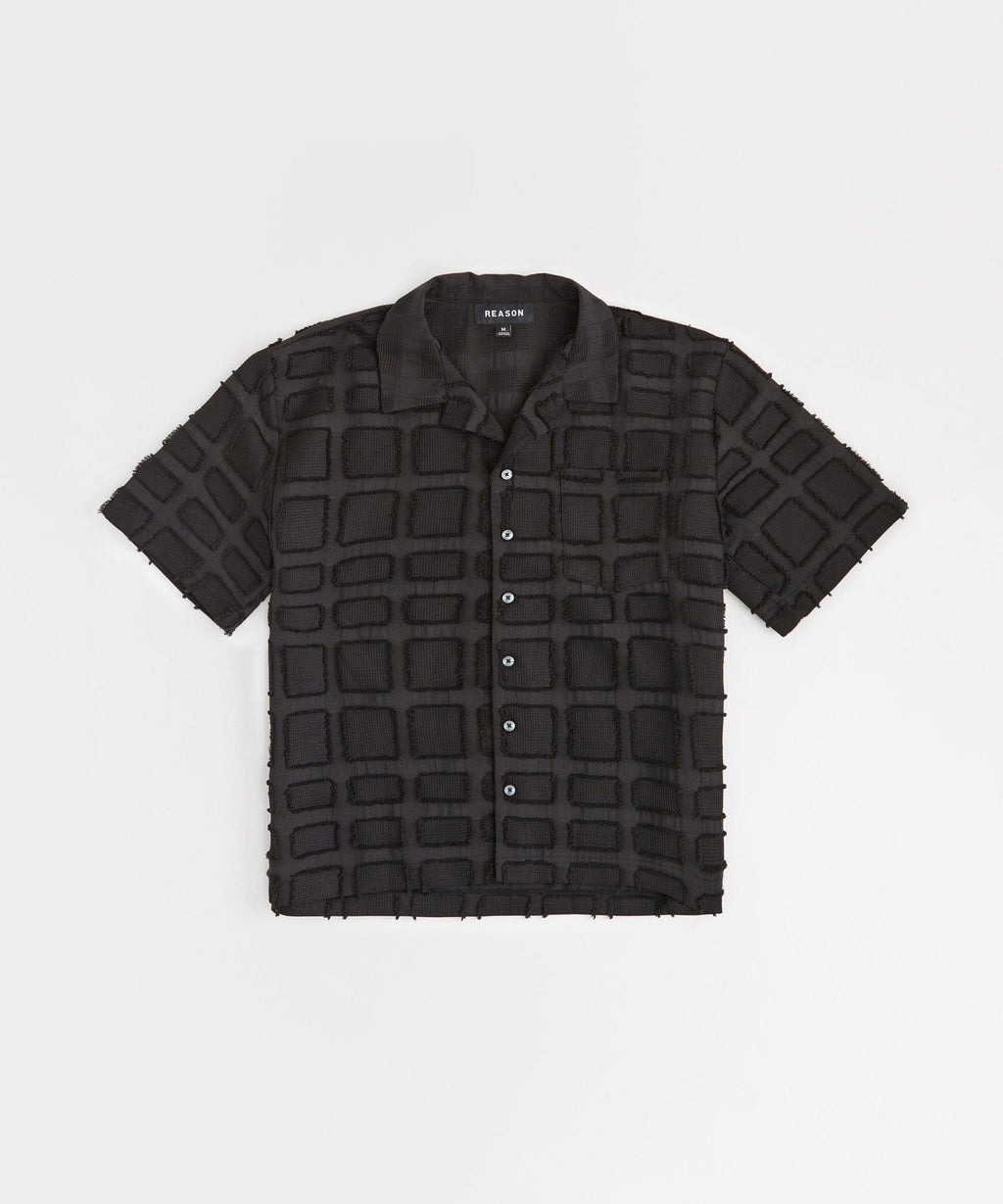 Grid Kid's Textured Button Down Short Sleeve Shirt - Black