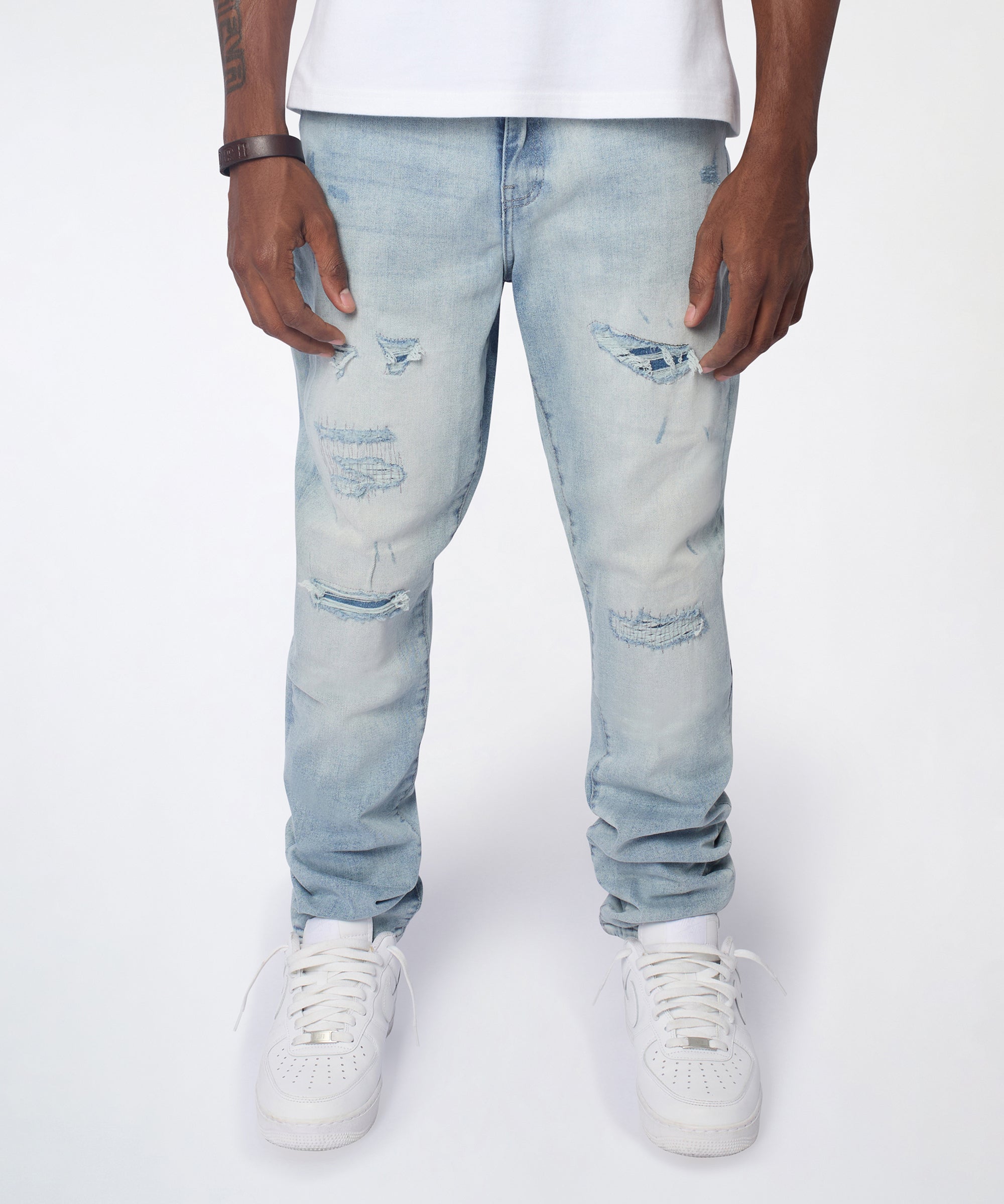 Ice Wash Distressed Skinny Jeans - Light Blue