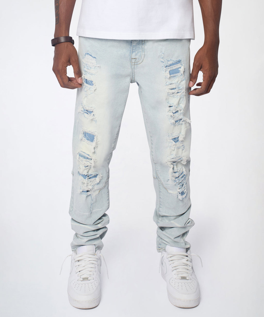 Fracture Distressed Skinny Jeans - Light Blue