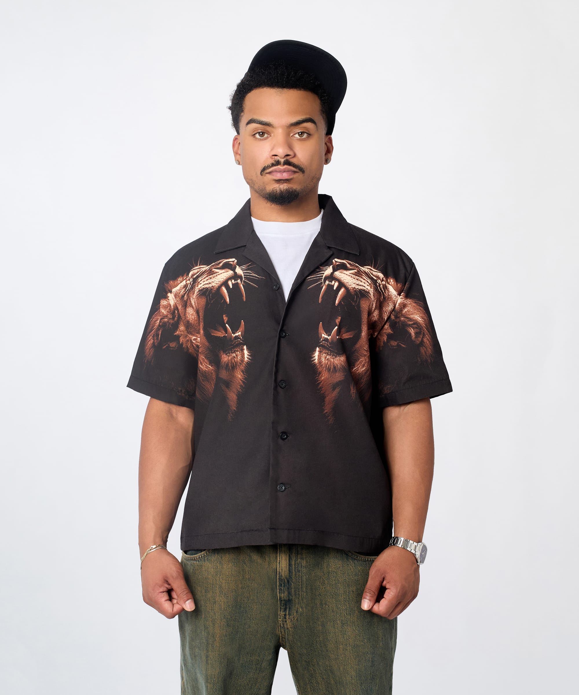 King's Roar Viscose Button Down Short Sleeve Shirt - Black