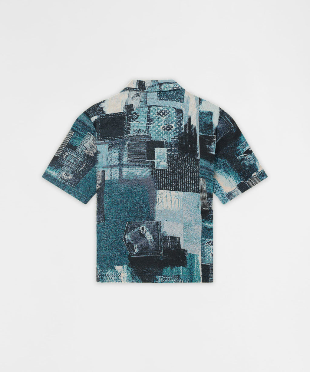 Mosaic Tapestry Button Down Short Sleeve Knit Shirt - Blue