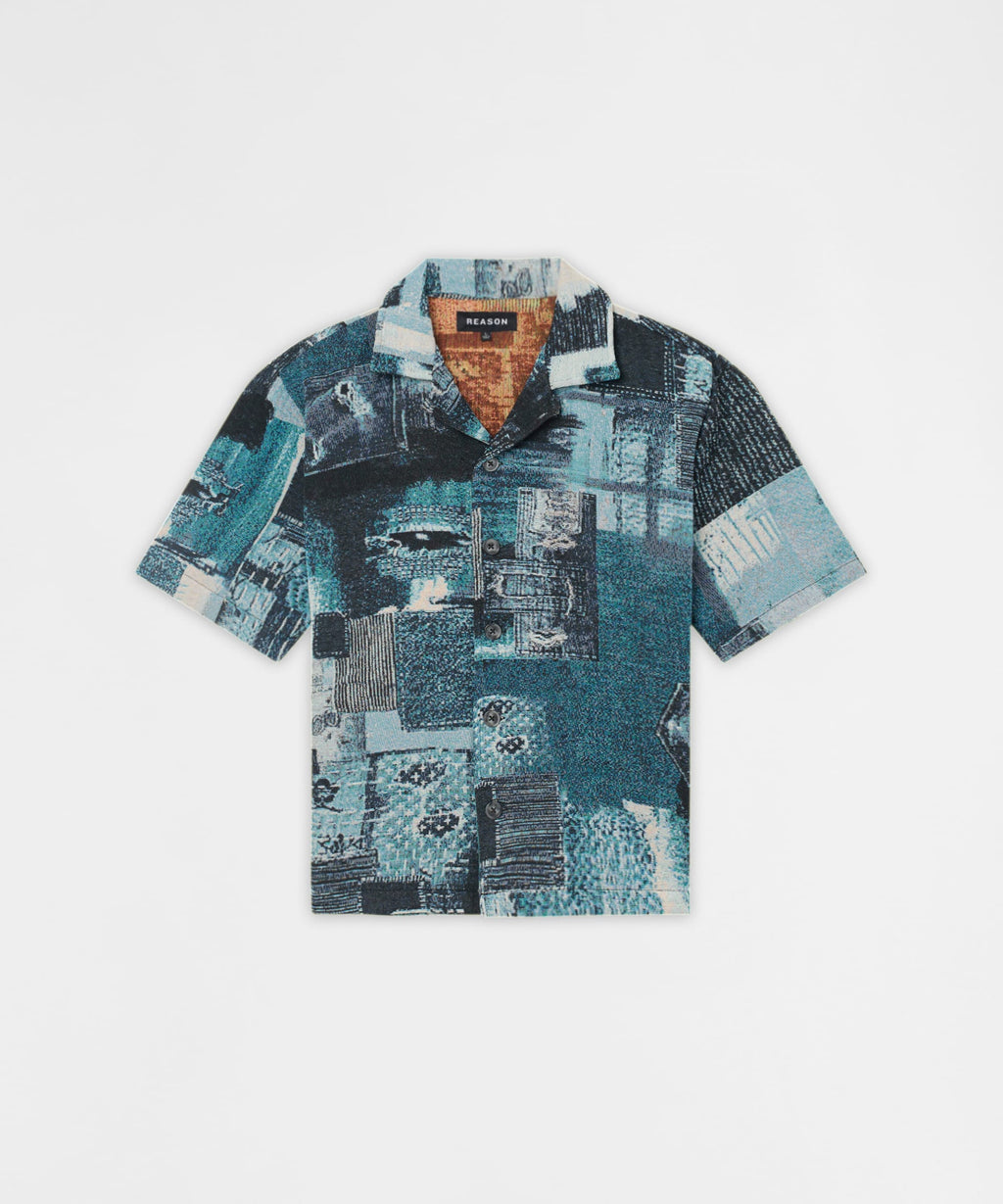 Mosaic Tapestry Button Down Short Sleeve Knit Shirt - Blue
