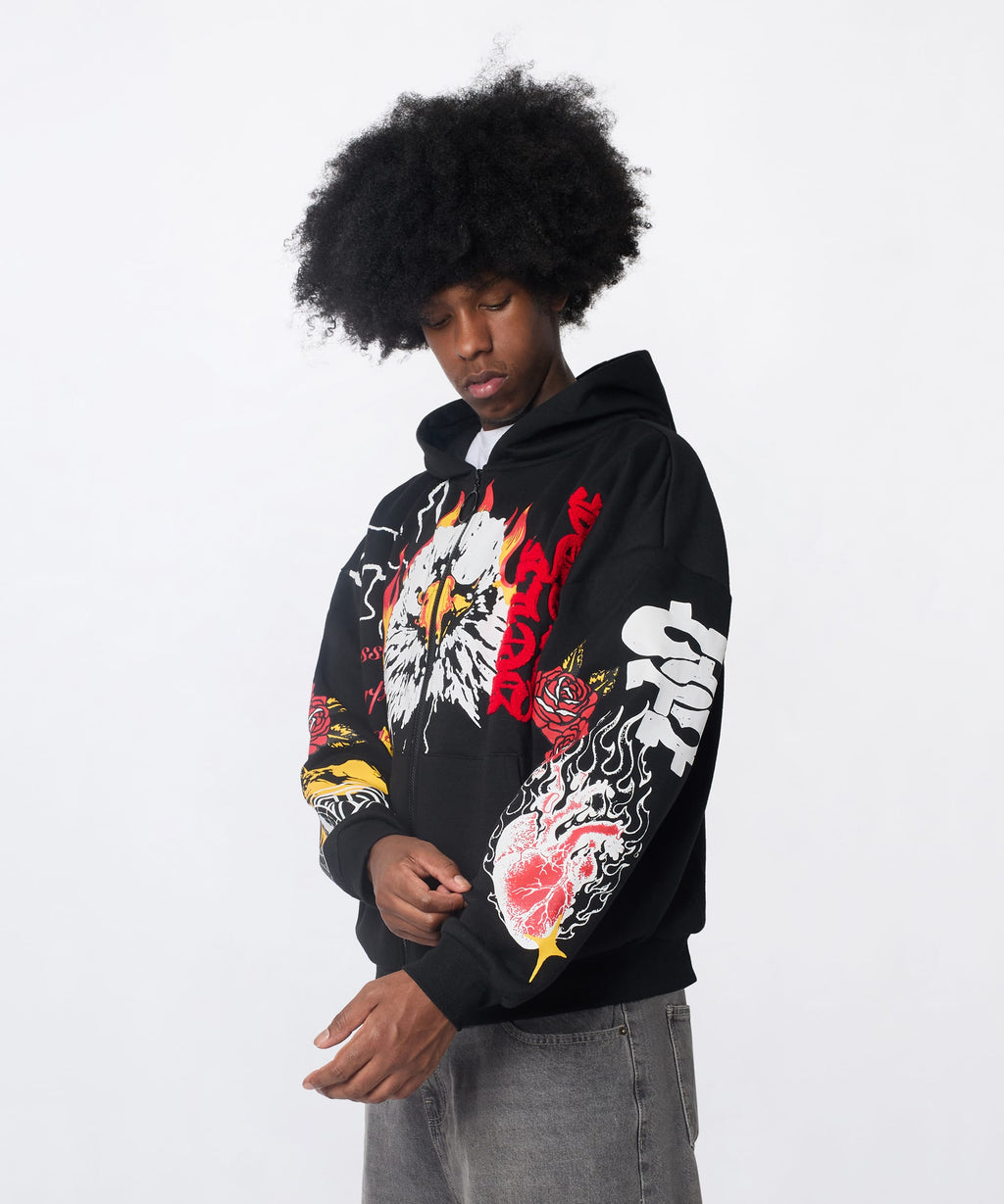 First Class Chenille Full Zip Hoodie - Black