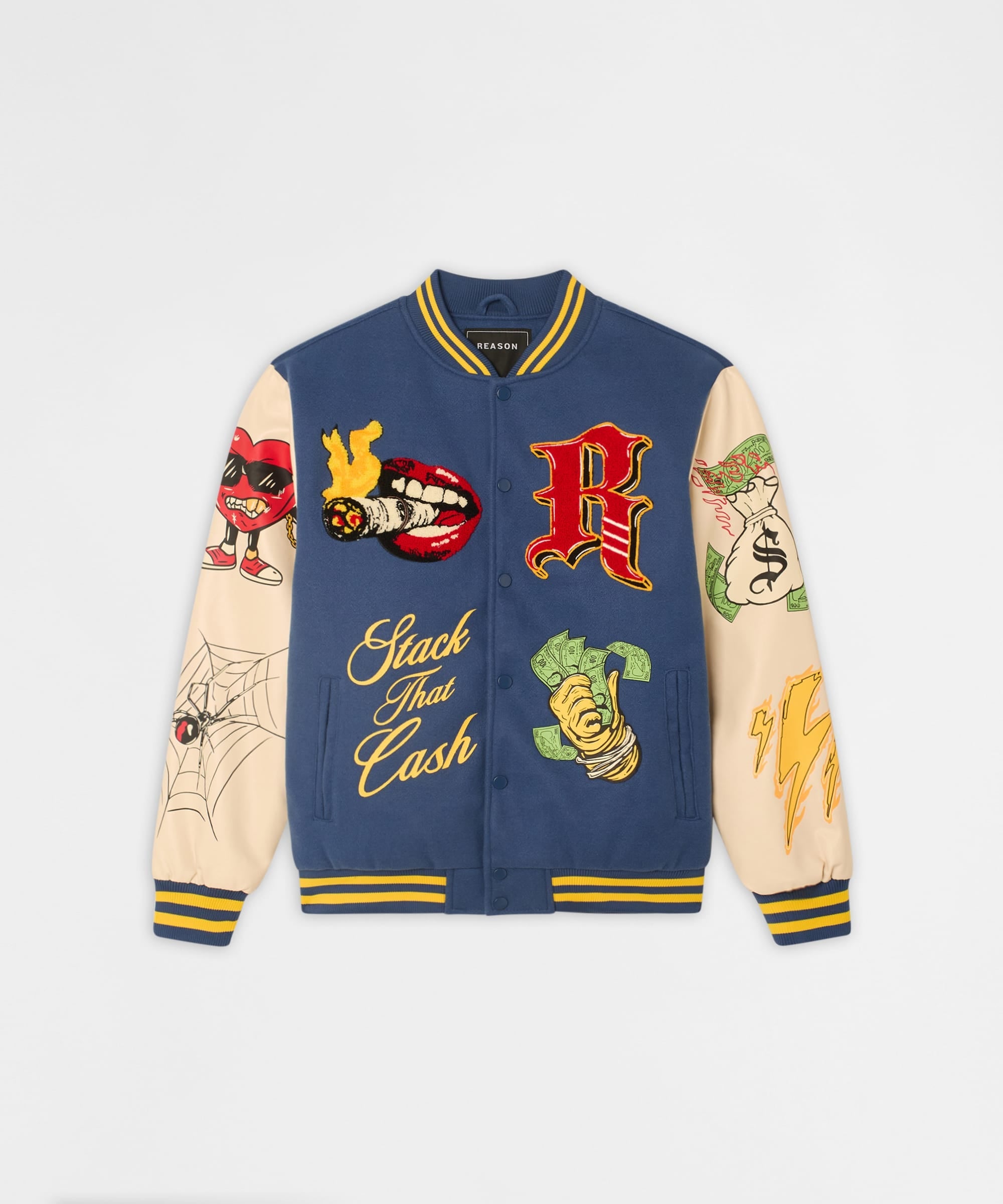 Money Varsity Faux Leather Sleeve Jacket - Blue