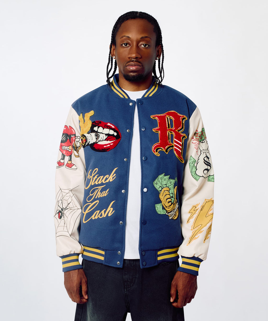 Money Varsity Faux Leather Sleeve Jacket - Blue
