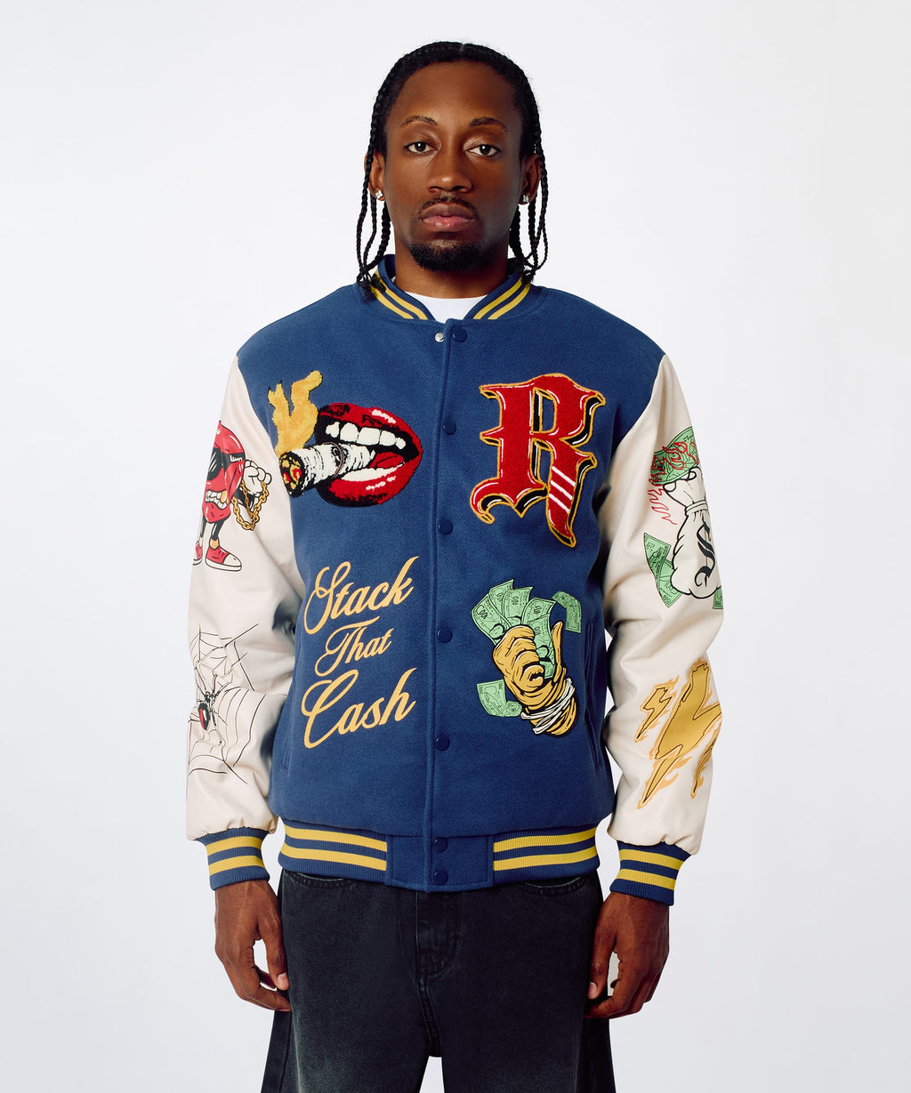 Money Varsity Faux Leather Sleeve Jacket - Blue