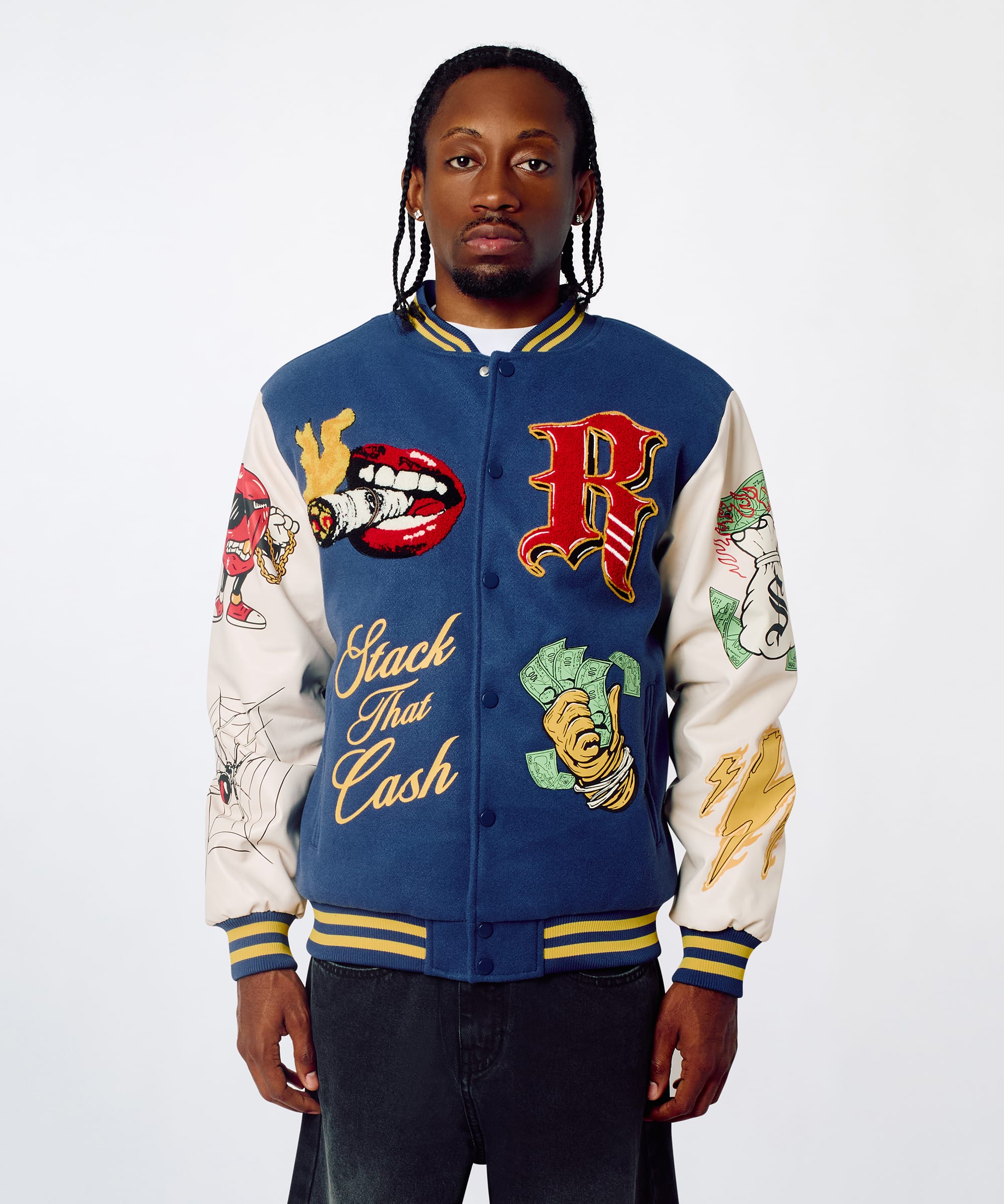 Money Varsity Faux Leather Sleeve Jacket - Blue