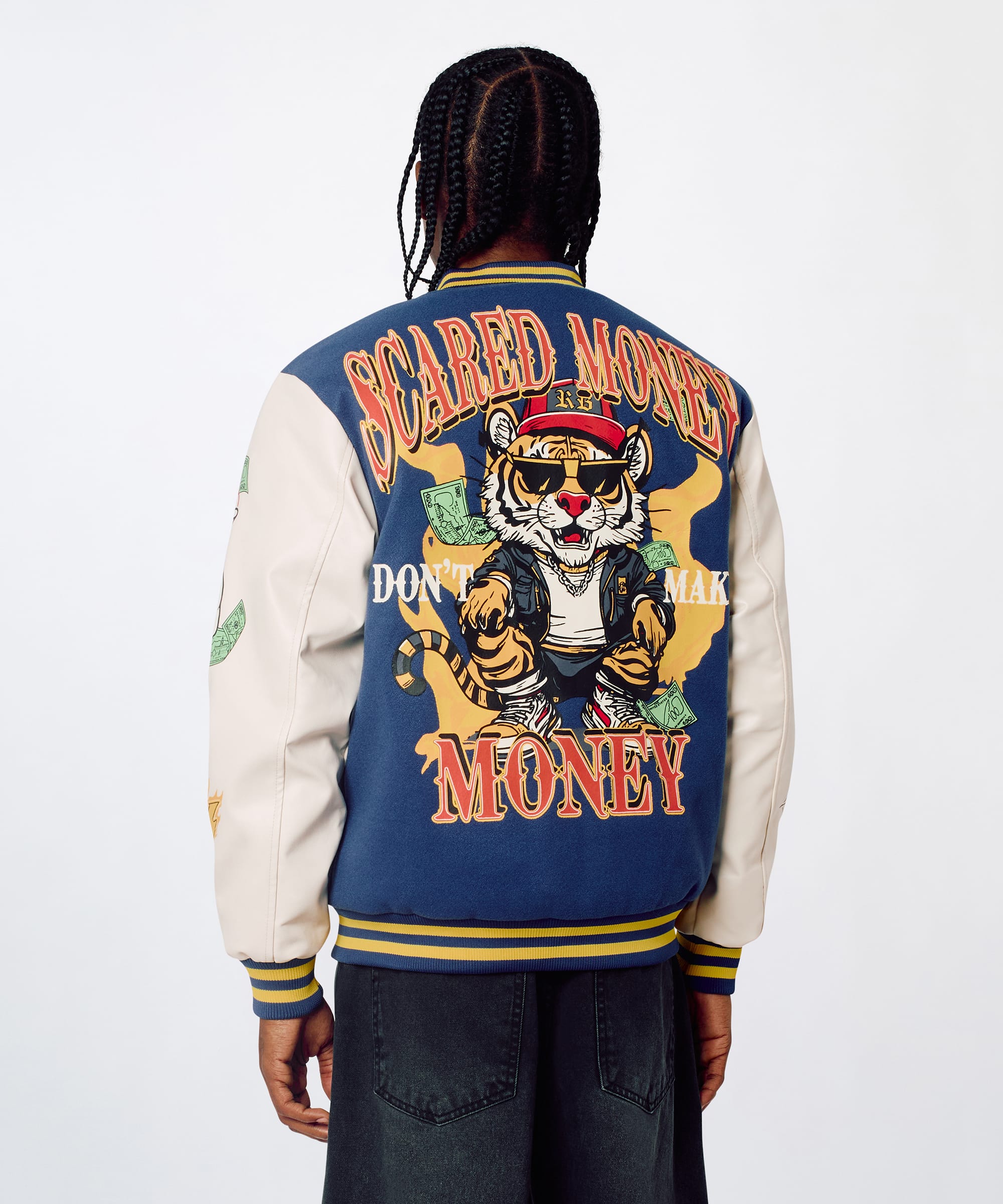 Money Varsity Faux Leather Sleeve Jacket - Blue