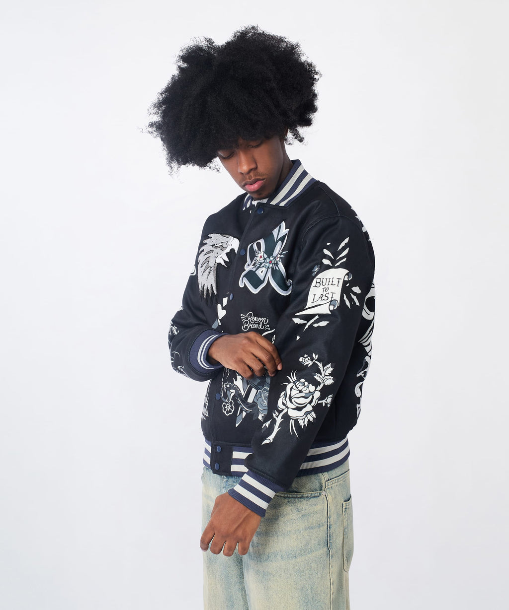 Iconic Chenille Patched Varsity Jacket - Black