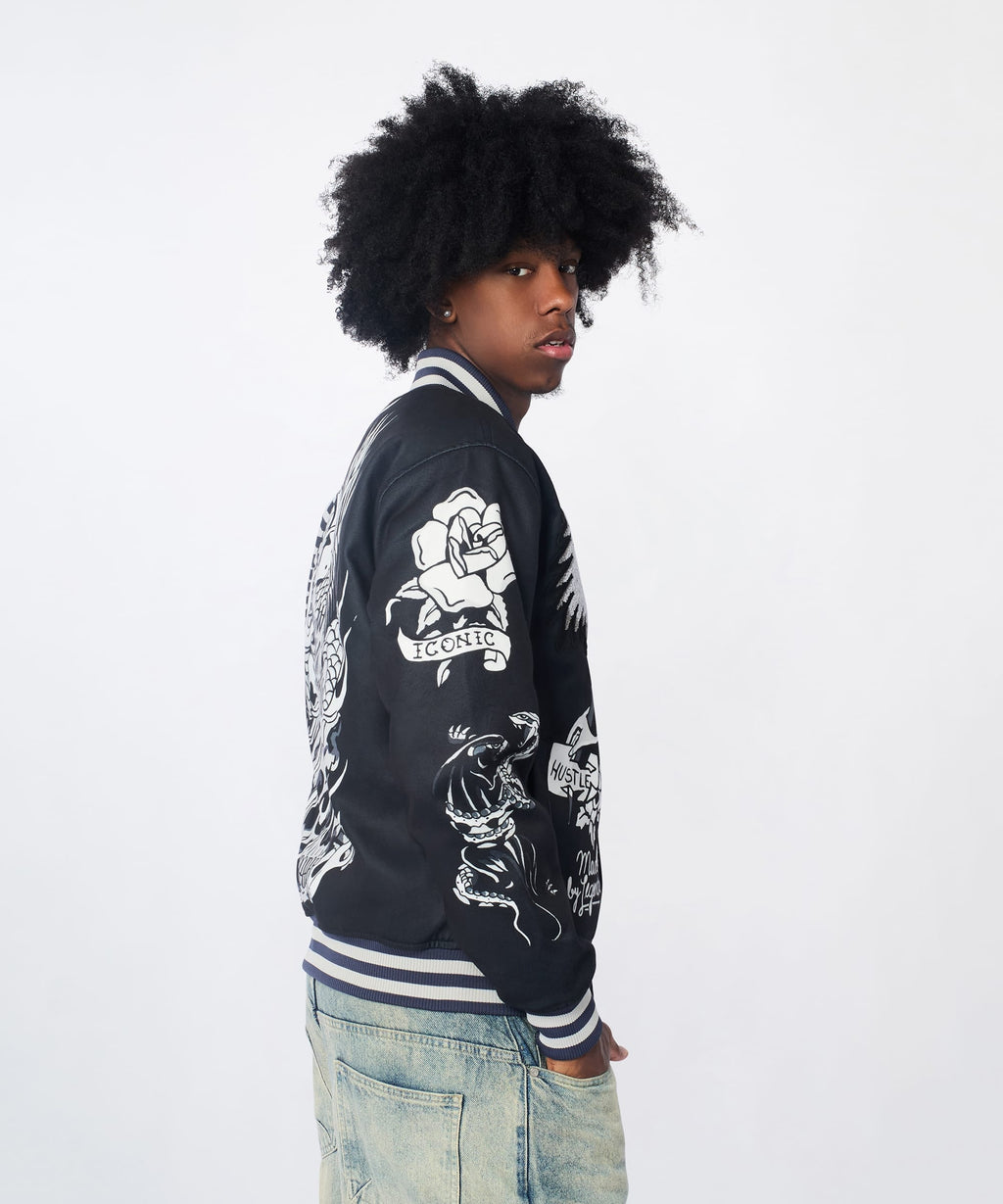 Iconic Chenille Patched Varsity Jacket - Black