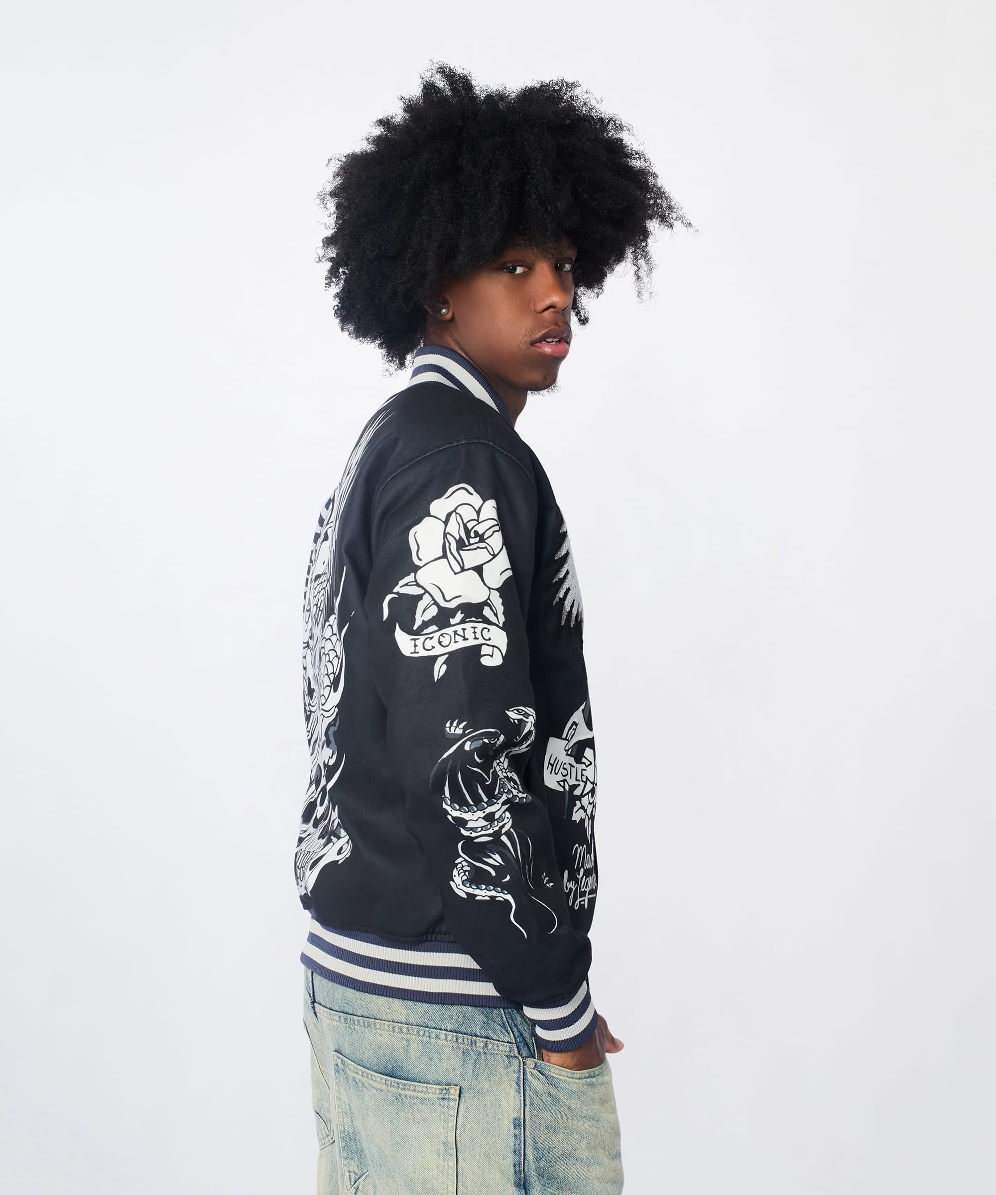 Iconic Chenille Patched Varsity Jacket - Black