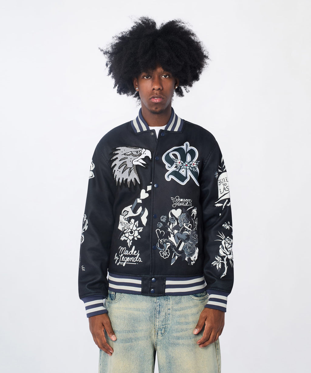 Iconic Chenille Patched Varsity Jacket - Black