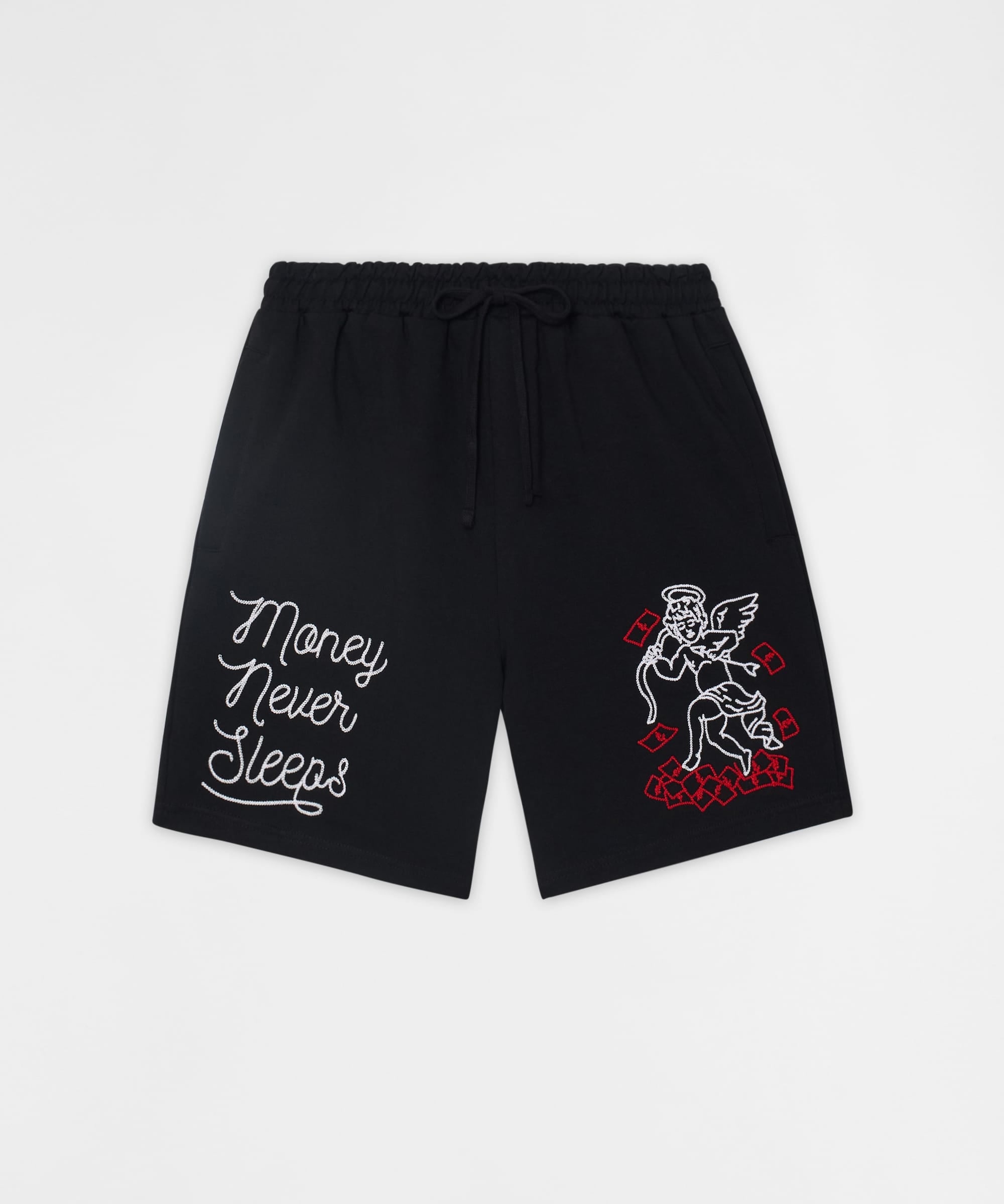 Money Never Sleeps Embroidered Fleece Shorts - Black