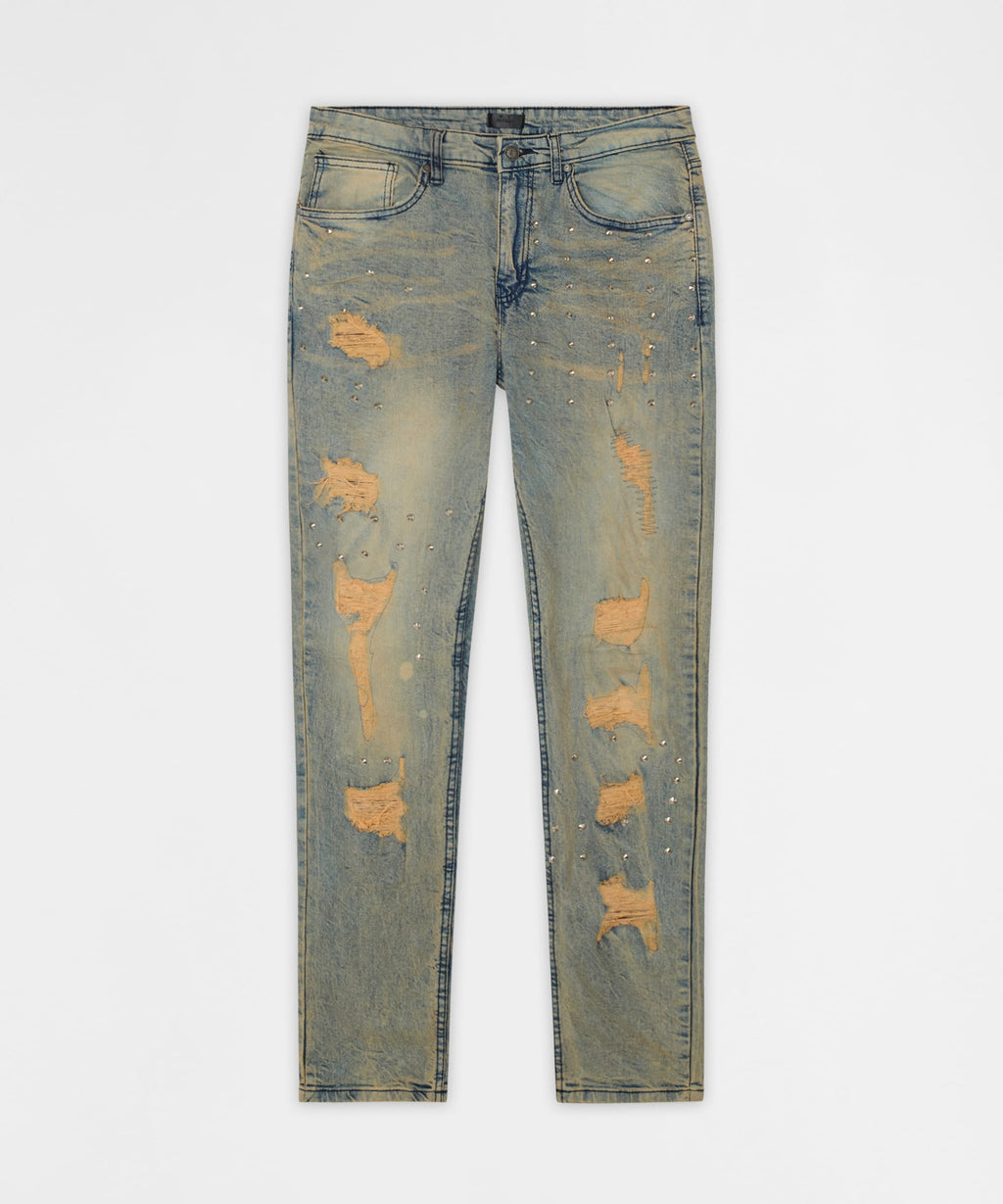 Ladder Distressed Studded Skinny Jean - Blue