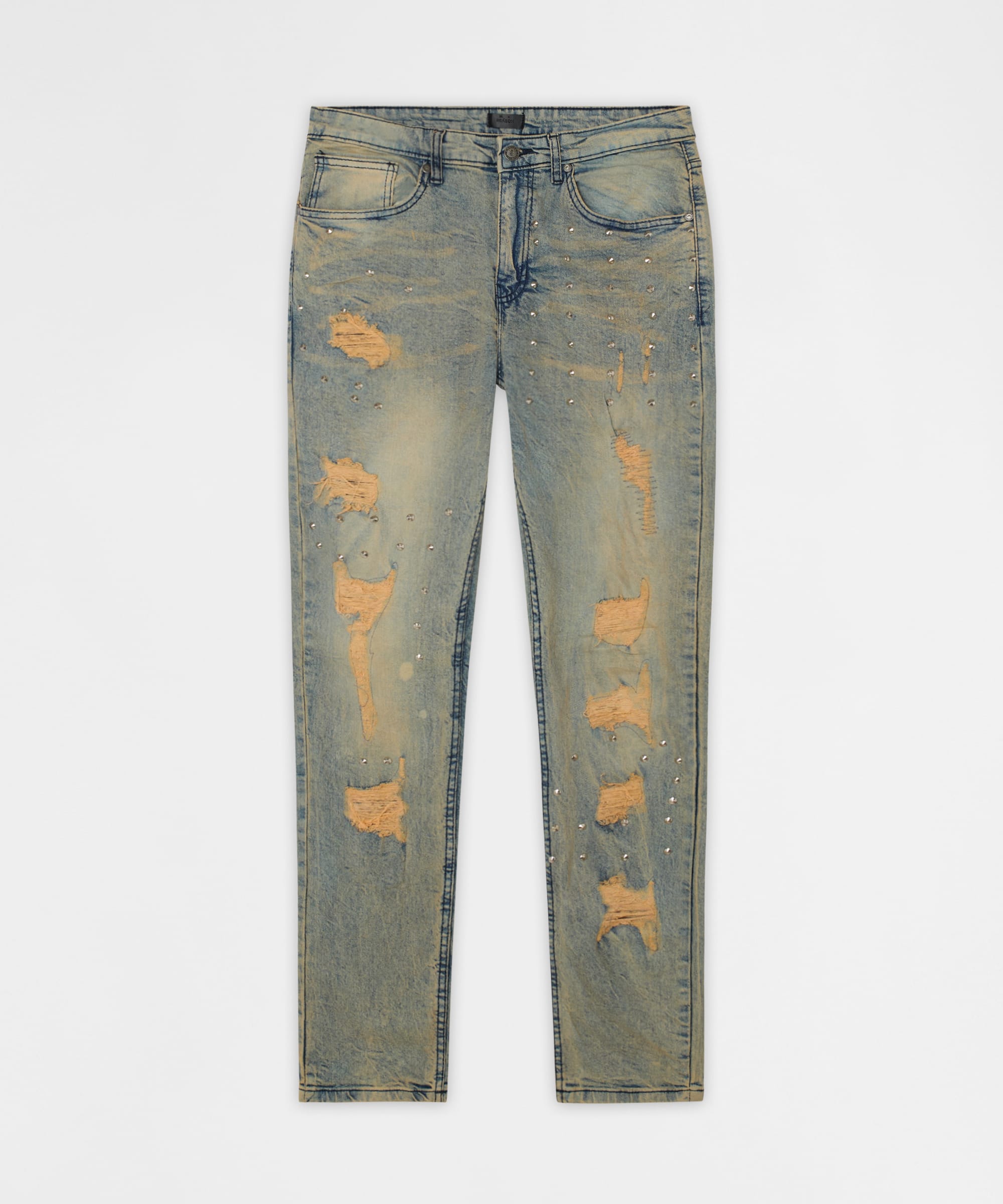 Ladder Distressed Studded Skinny Jean - Blue