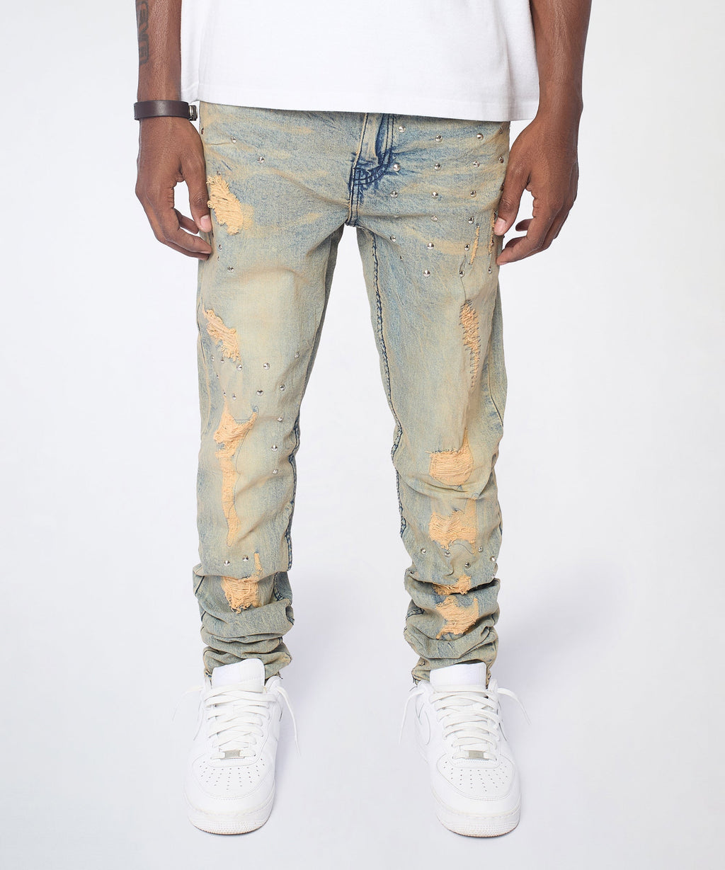 Ladder Distressed Studded Skinny Jean - Blue