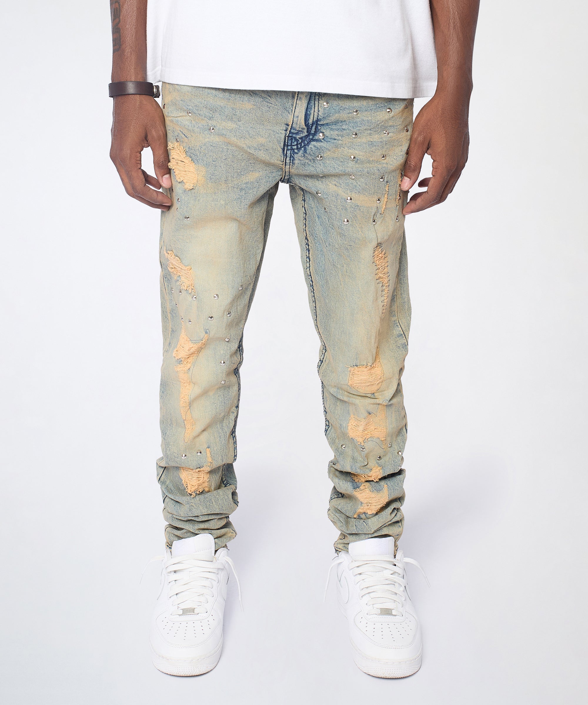 Ladder Distressed Studded Skinny Jean - Blue