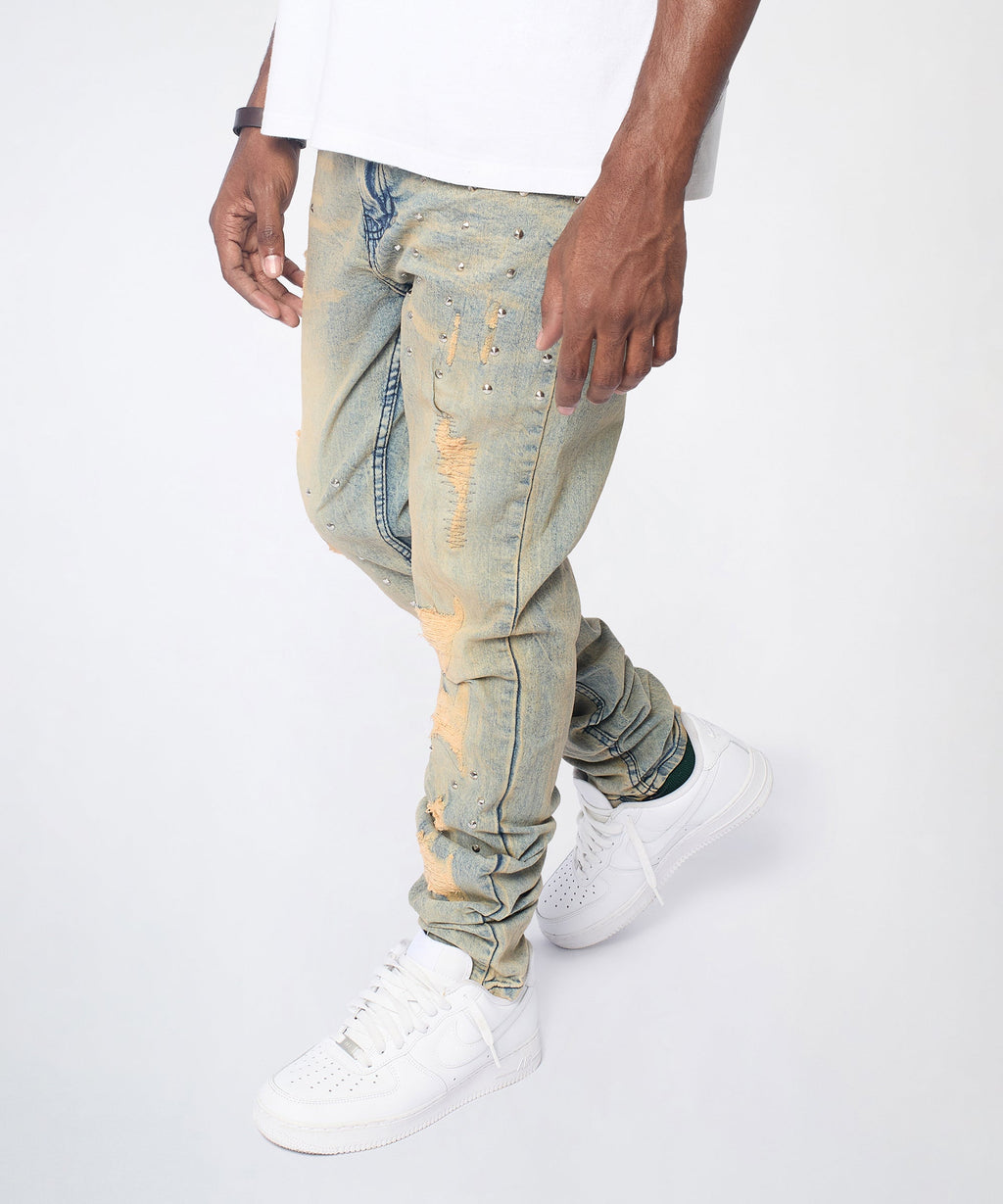 Ladder Distressed Studded Skinny Jean - Blue