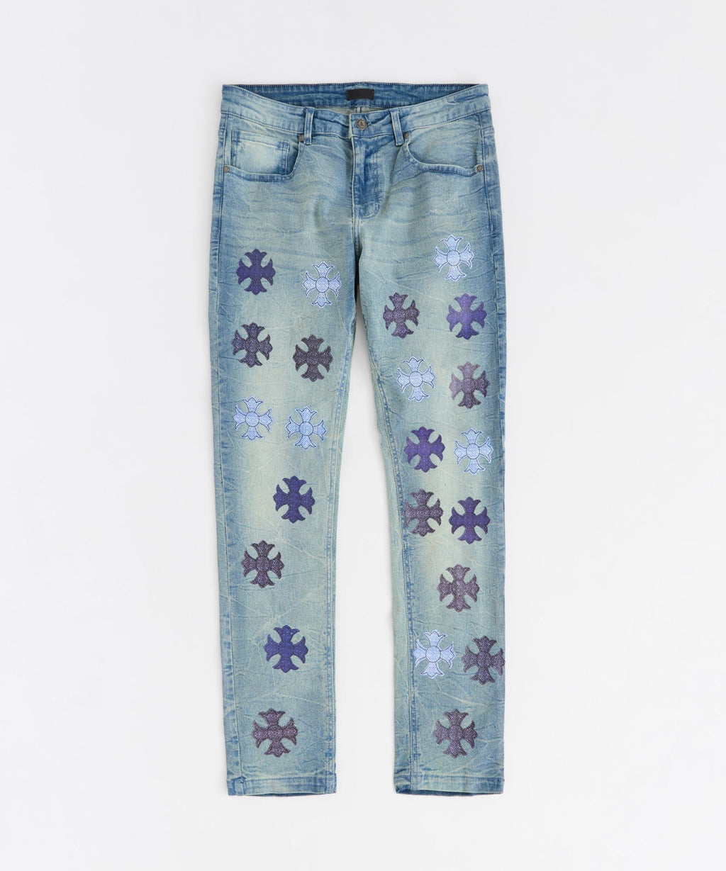 Gothic Cross Denim Pants - Light Blue