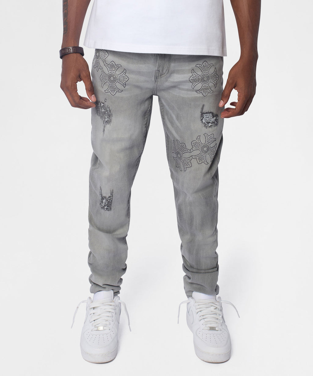Floral Rhinestone Distressed Skinny Jeans - Grey