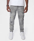 Floral Rhinestone Distressed Skinny Jeans - Grey
