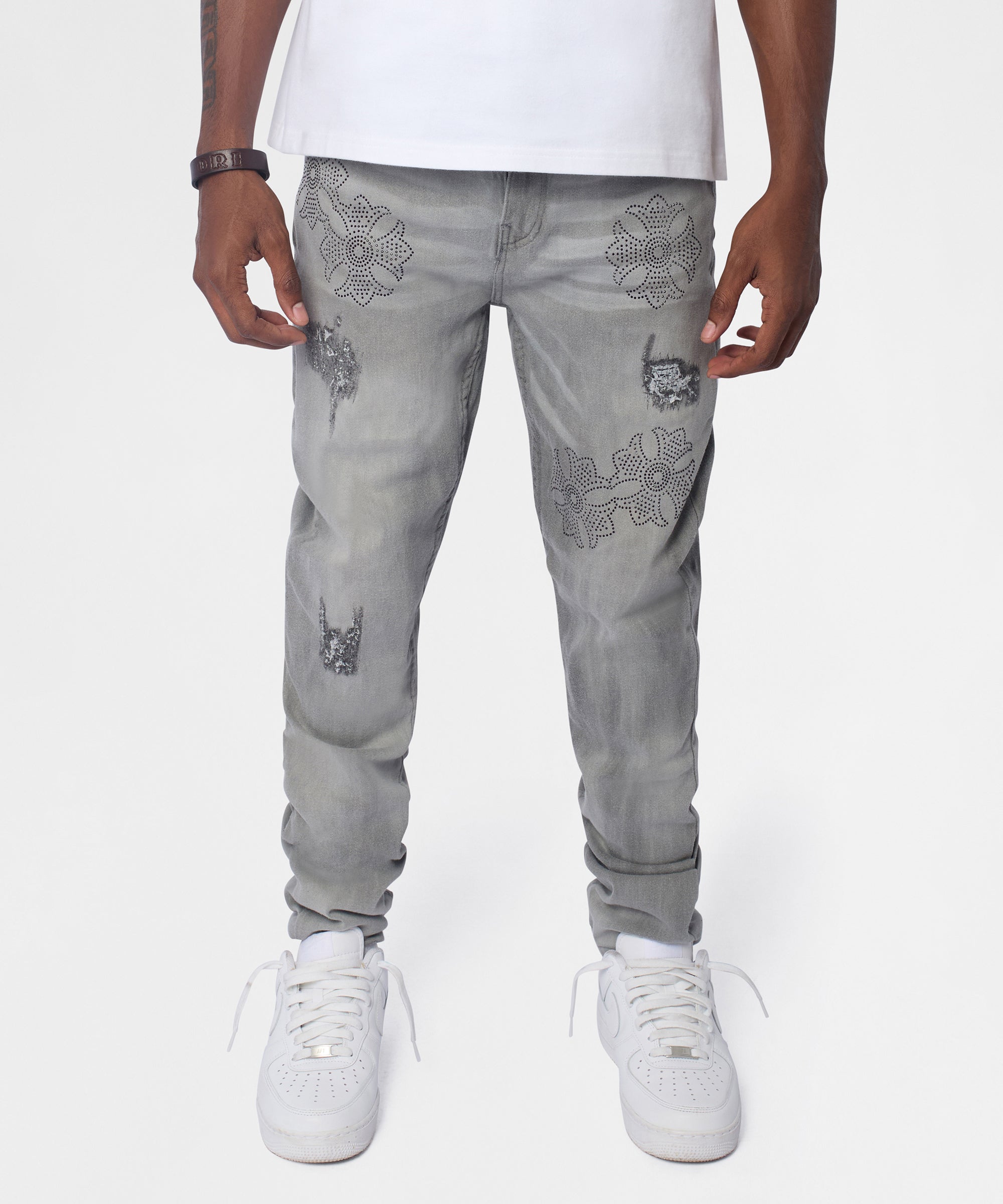 Floral Rhinestone Distressed Skinny Jeans - Grey