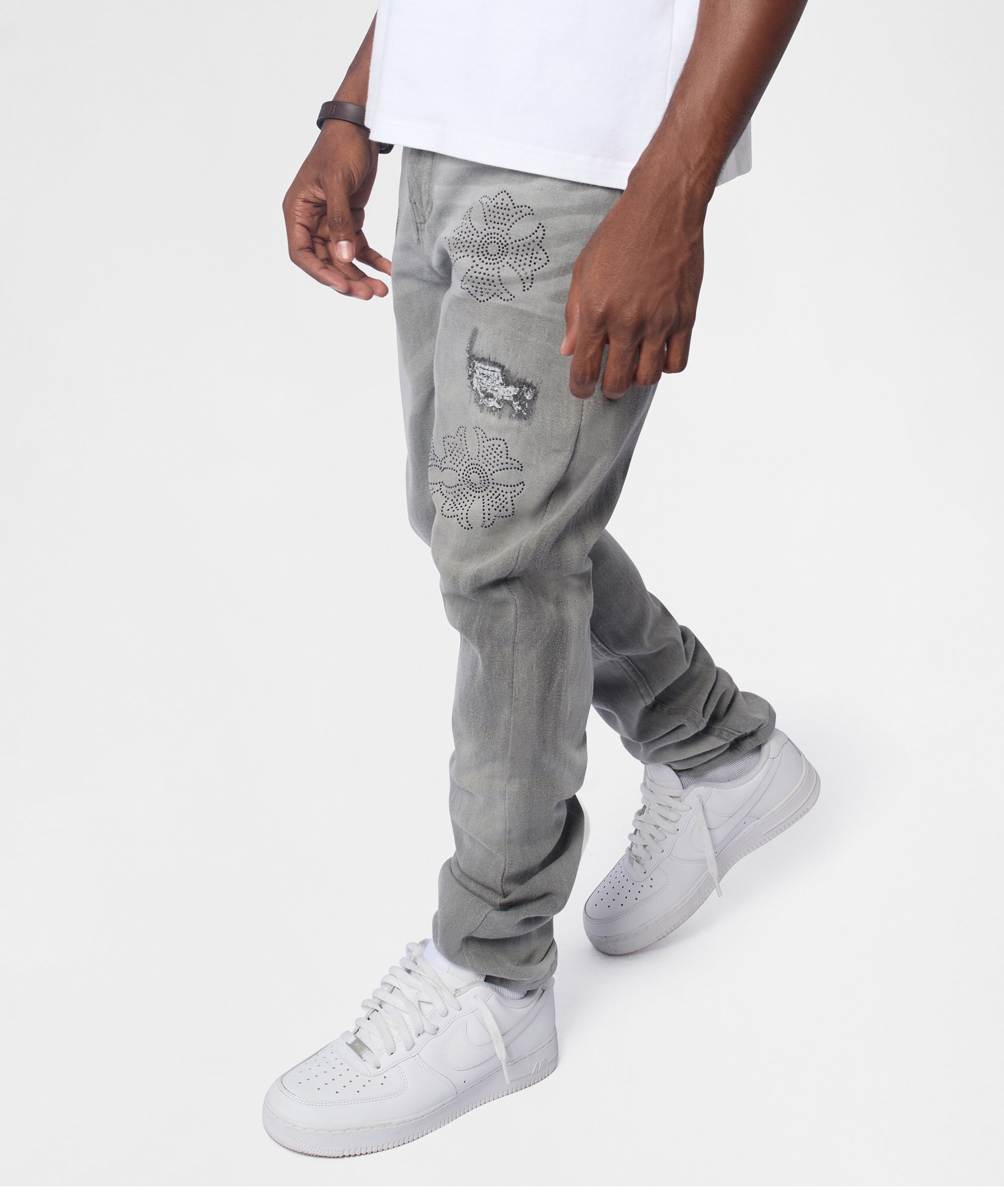 Floral Rhinestone Distressed Skinny Jeans - Grey