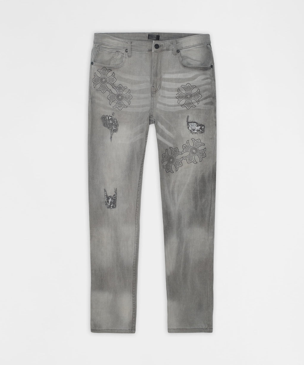 Floral Rhinestone Distressed Skinny Jeans - Grey