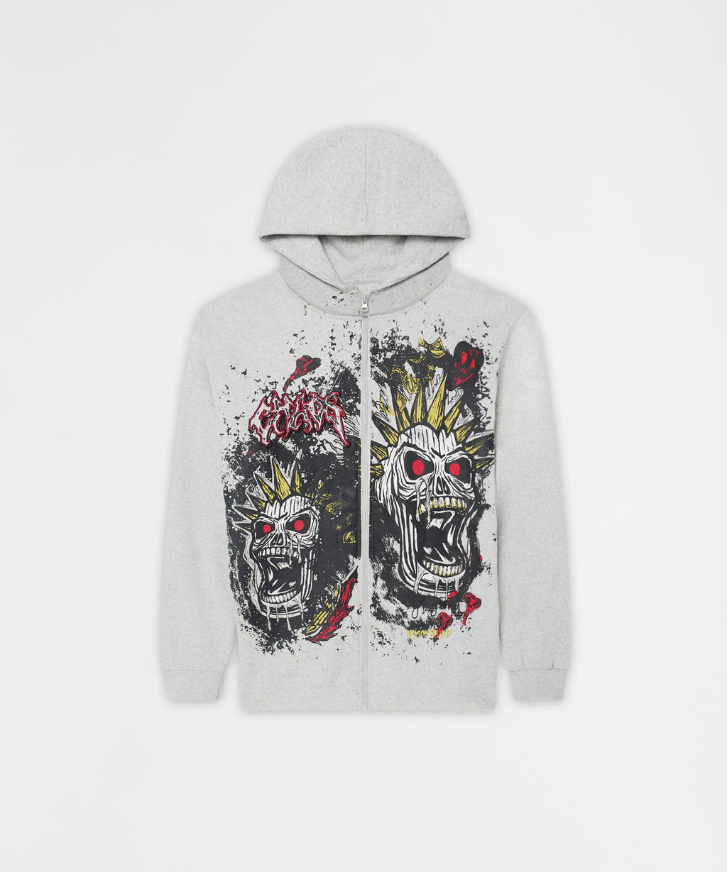 Mohawk Skull Graphic Zip Up Hoodie - Grey