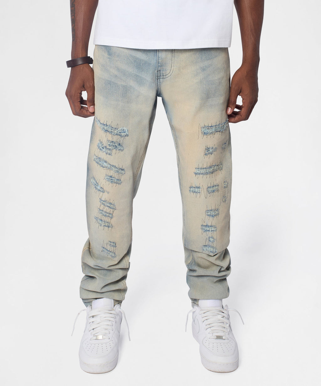 Light Wash Repaired Denim Jeans - Blue