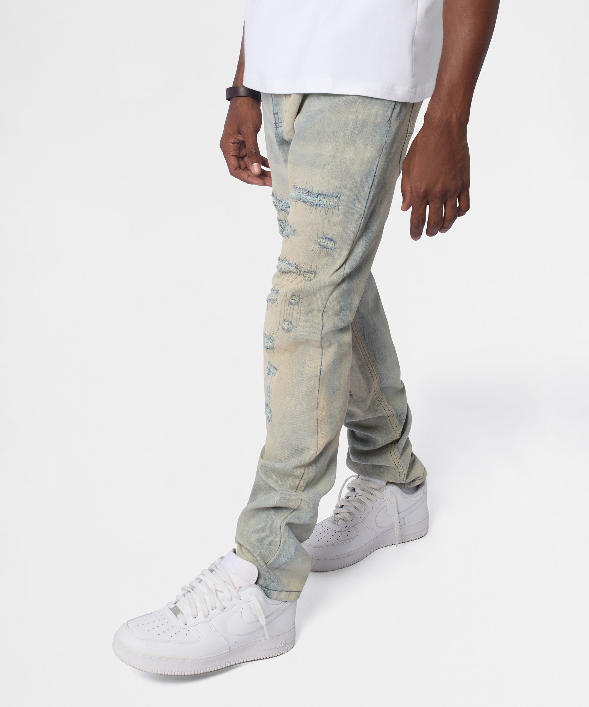 Light Wash Repaired Denim Jeans - Blue