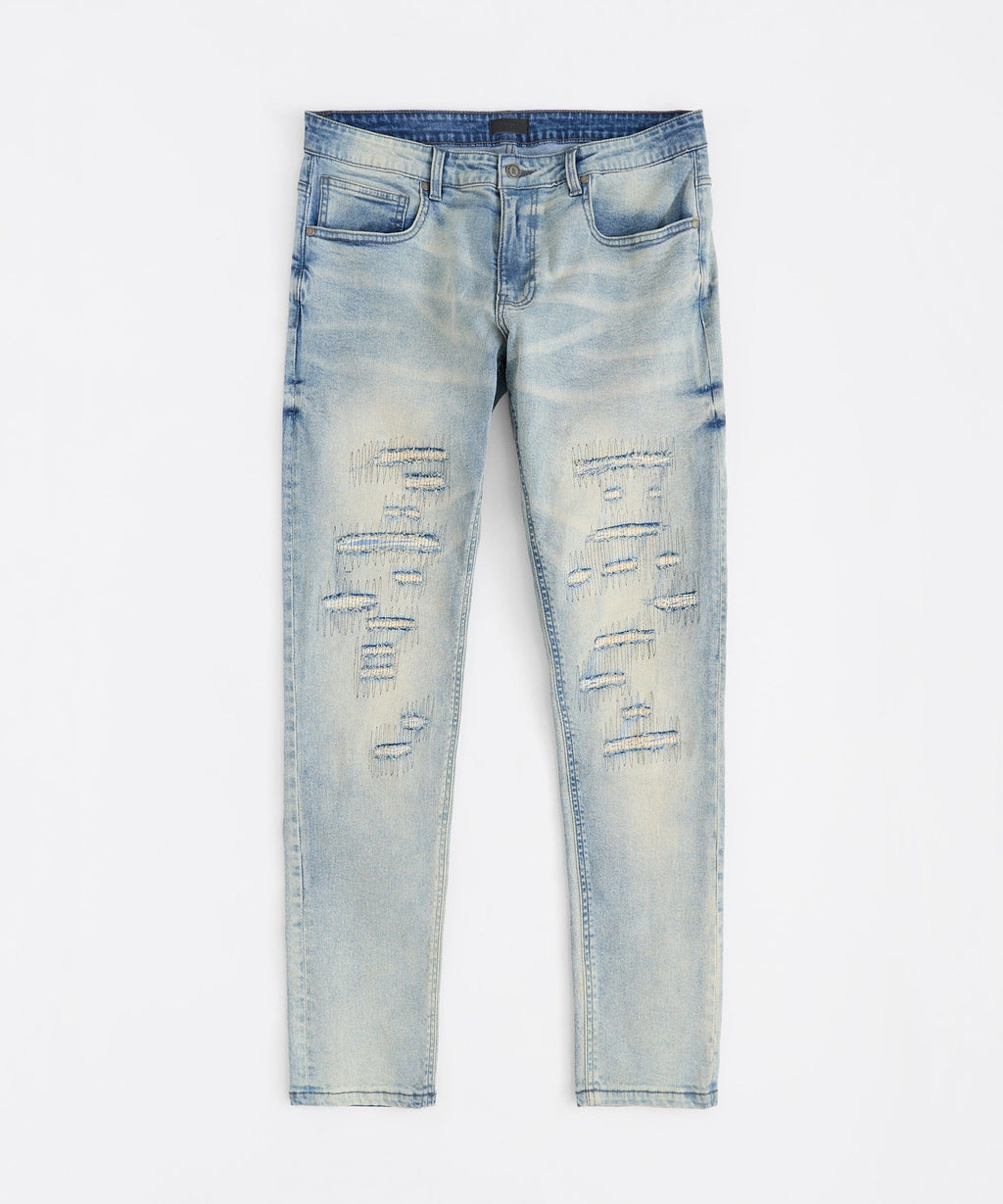 Light Wash Repaired Denim Jeans - Blue