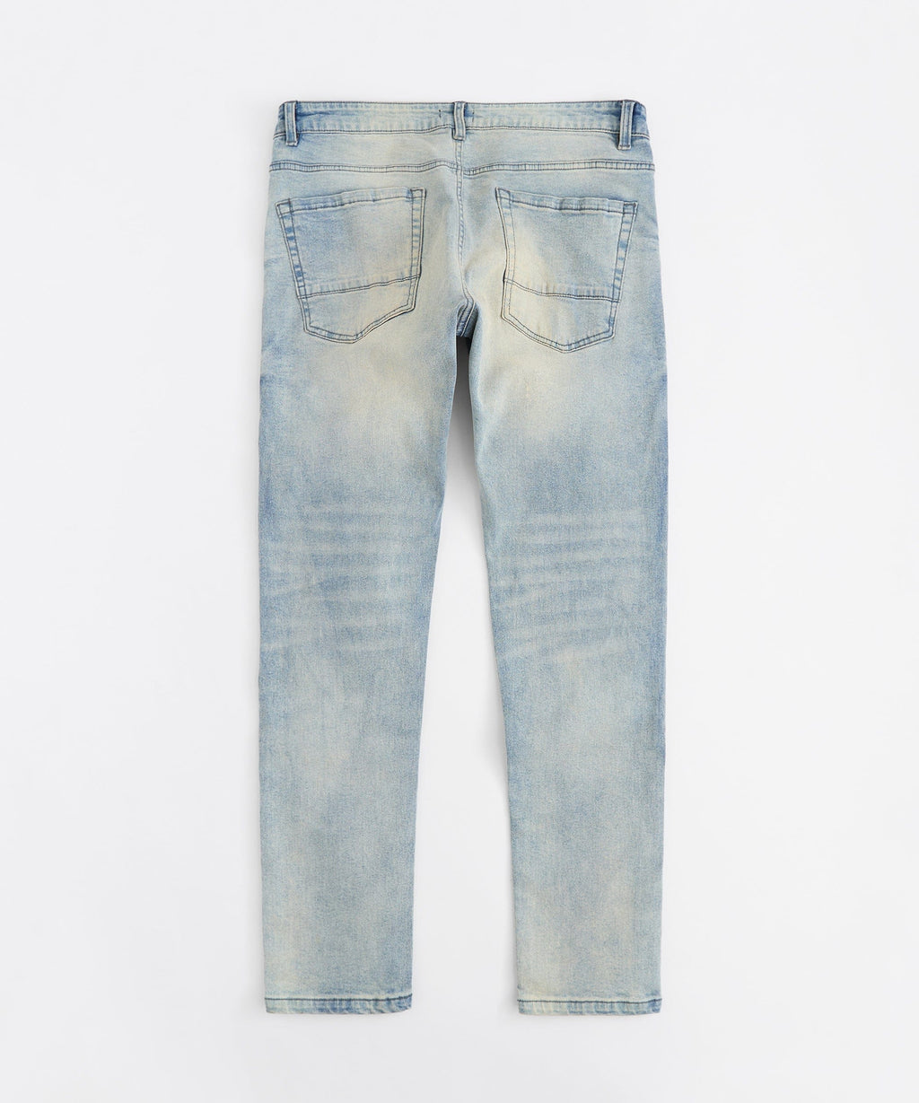 Light Wash Repaired Denim Jeans - Blue