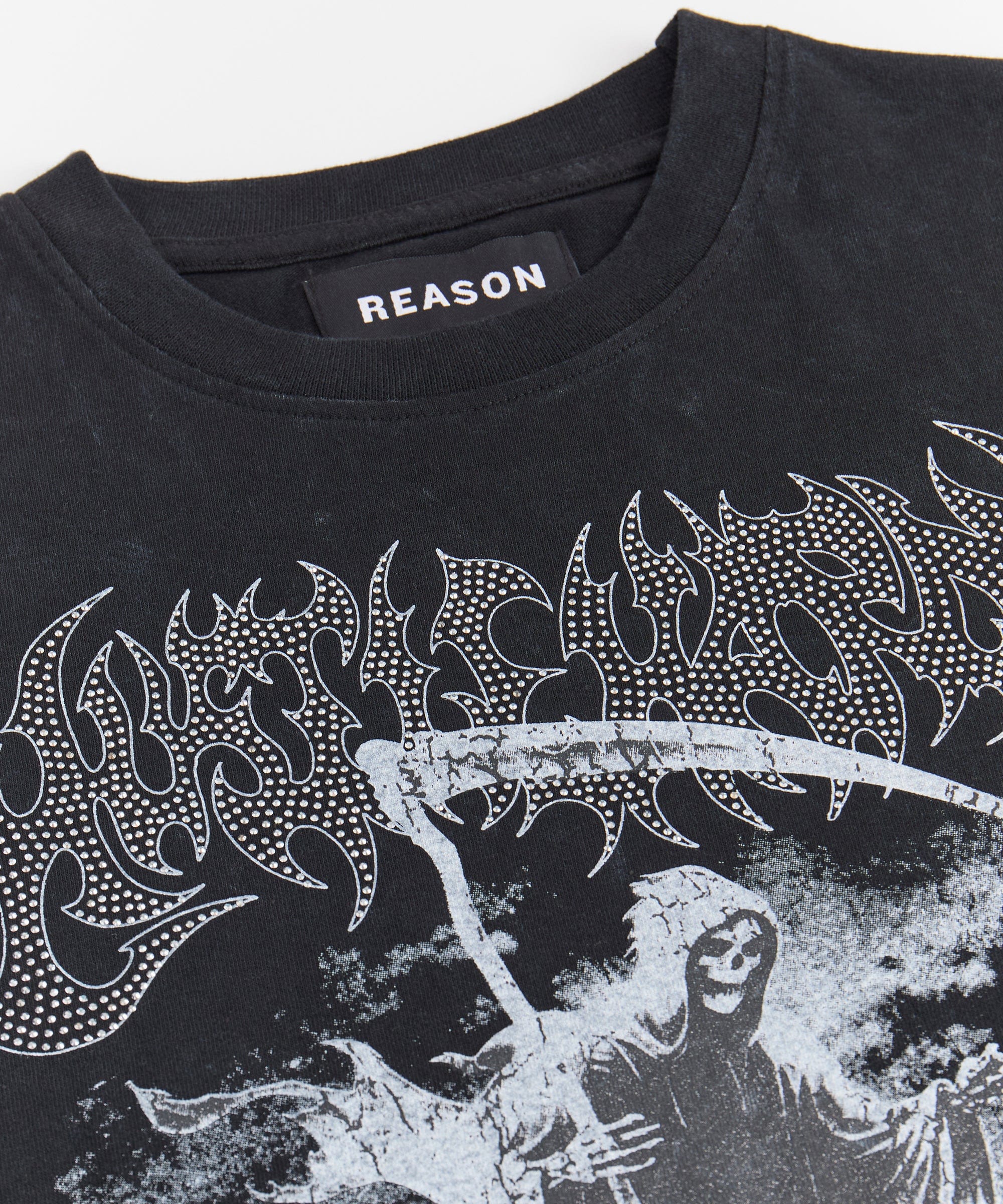 Grim Reaper Washed Rhinestones Short Sleeve Tee - Black