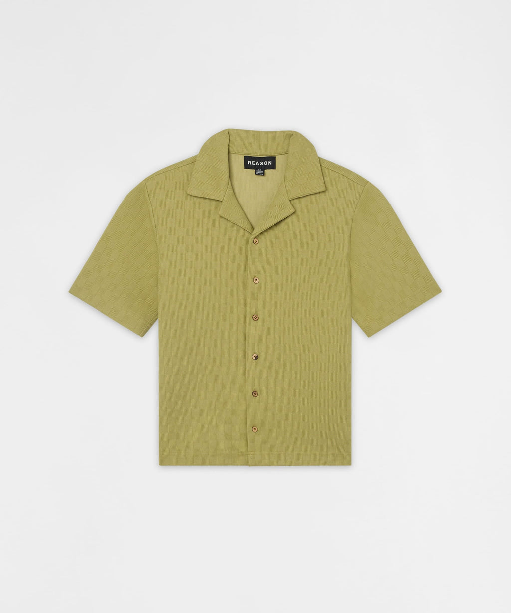 Jacquard Knit Short Sleeve Button-Down Shirt - Olive Green