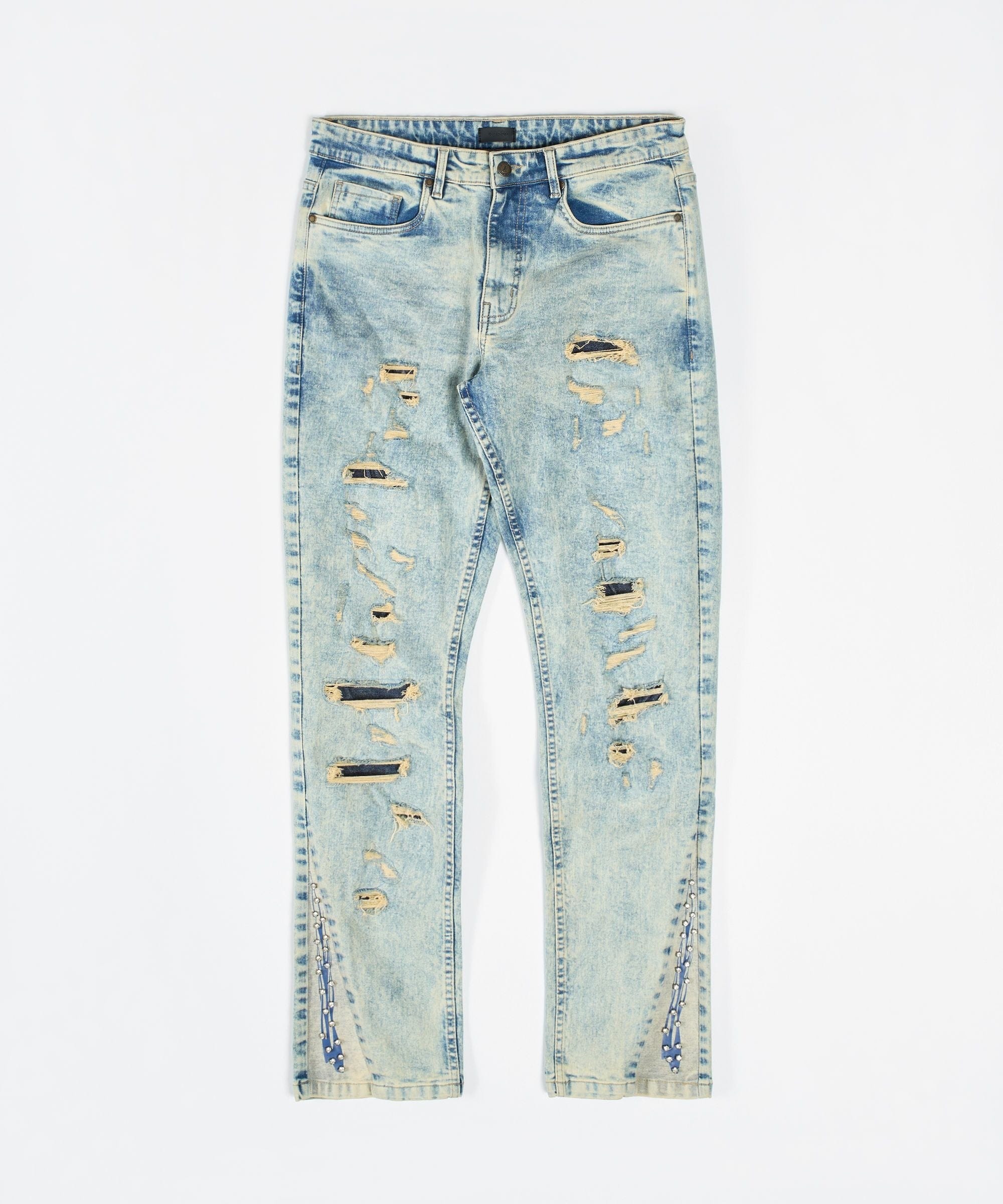 Flare Distressed Rhinestone Skinny Jeans - Light Blue