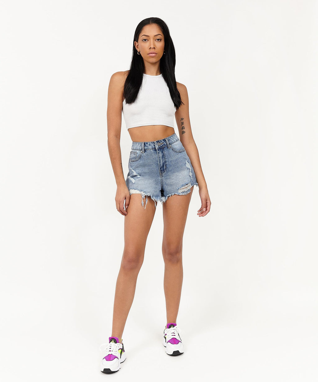 Madison Women's Distressed High-Waist Denim Shorts - Blue