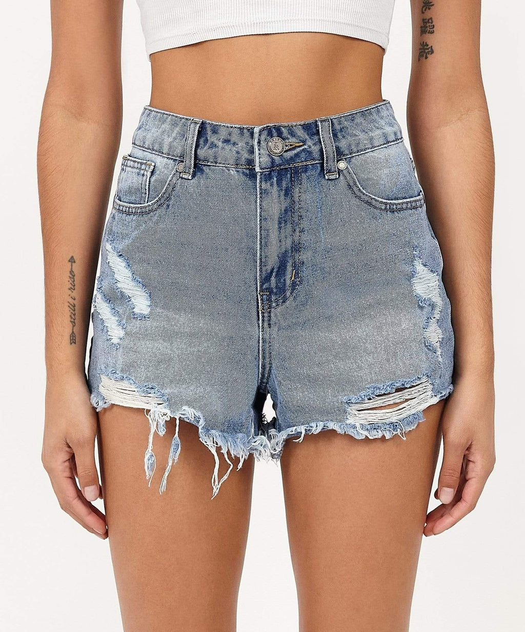 Madison Women's Distressed High-Waist Denim Shorts - Blue