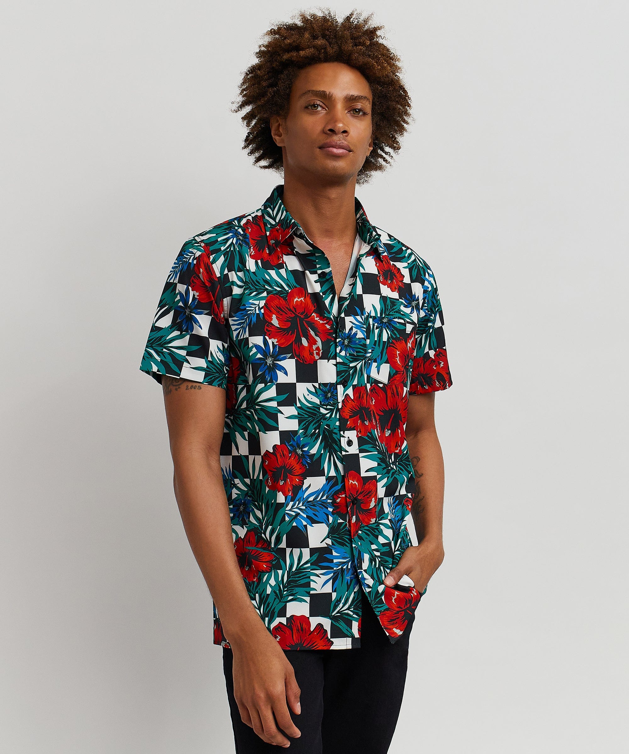 Floral Check Viscose Button-Down Short Sleeve Short