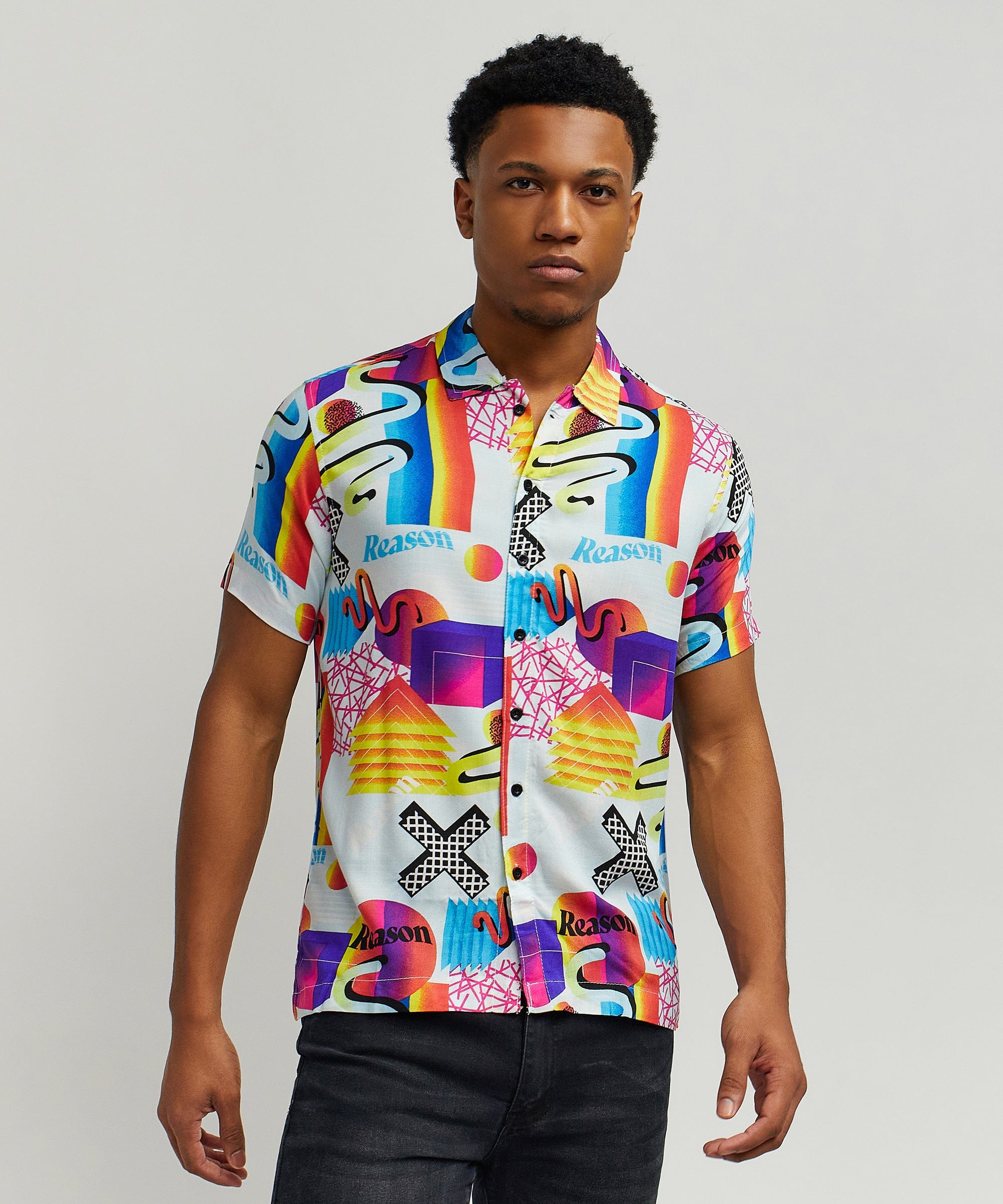 Geo Shape Viscose Button-Down Short Sleeve Shirt - Multicolor