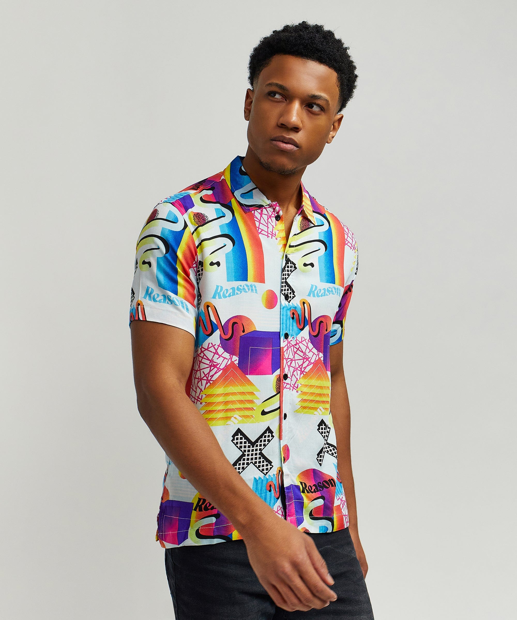 Geo Shape Viscose Button-Down Short Sleeve Shirt - Multicolor