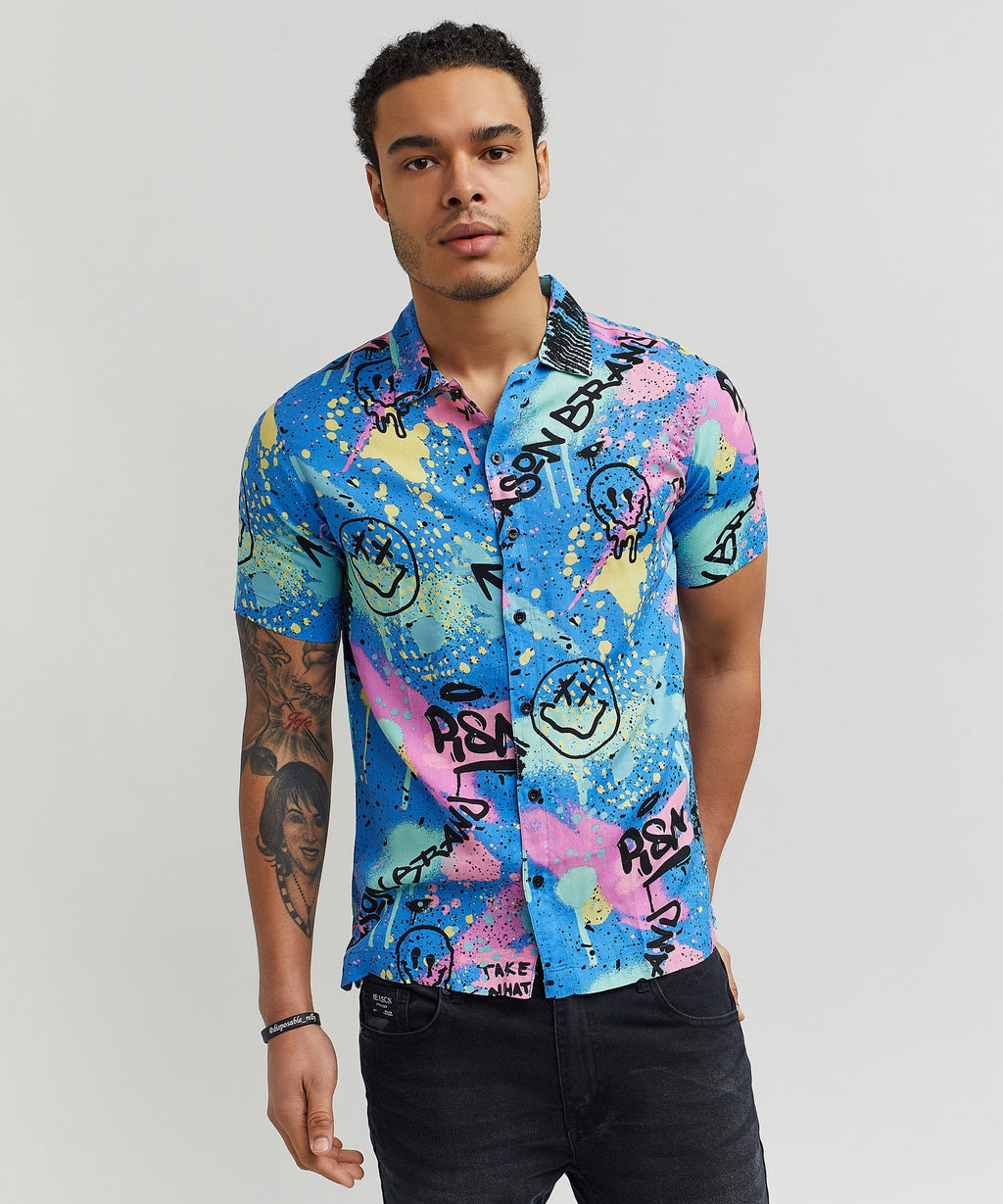 Graffiti Viscose Button-Down Short Sleeve Shirt - Multicolor