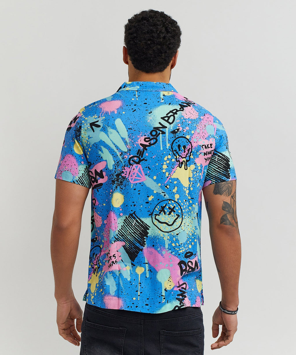 Graffiti Viscose Button-Down Short Sleeve Shirt - Multicolor