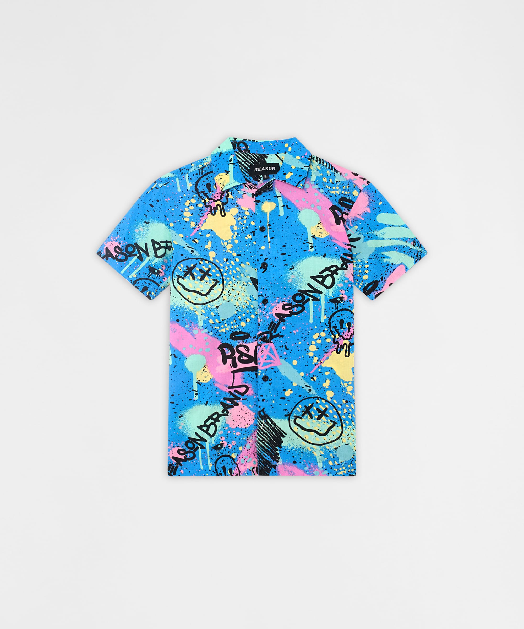 Graffiti Viscose Button-Down Short Sleeve Shirt - Multicolor